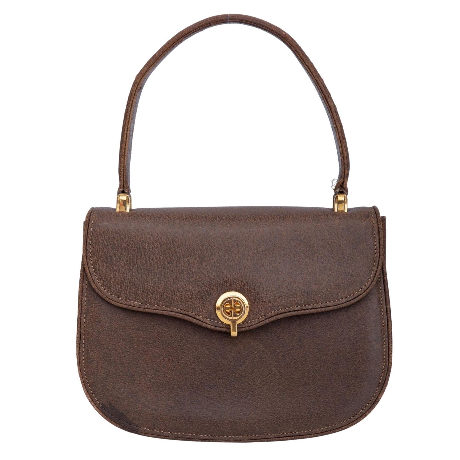 GUCCI VINTAGE BROWN LEATHER GG FLIP LOCK HANDBAG