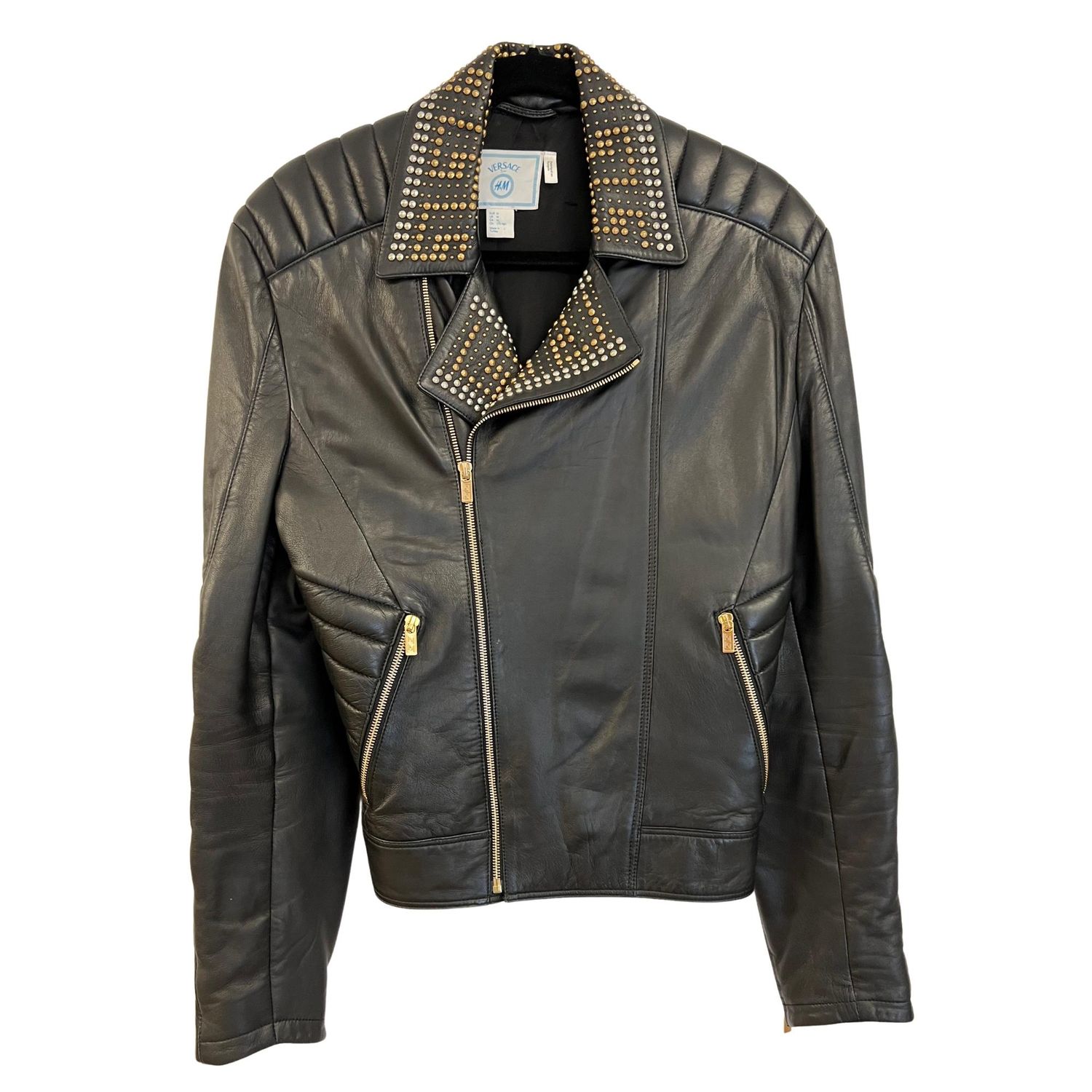 VERSACE X H&amp;M BLACK LEATHER SILVER GOLD STUDDED JACKET (MEDIUM)