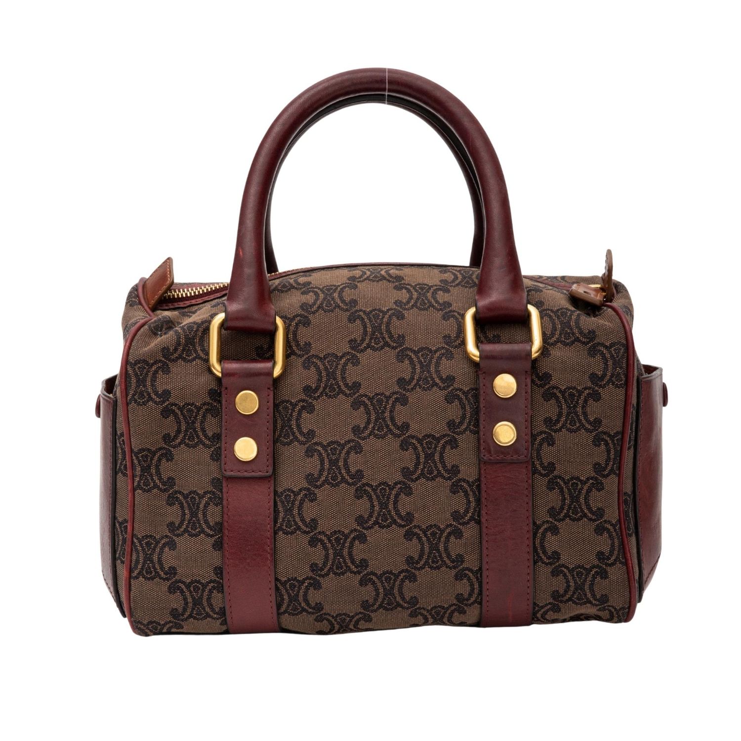 CELINE VINTAGE TAUPE FABRIC BURGUNDY LEATHER BOSTON BAG 2009