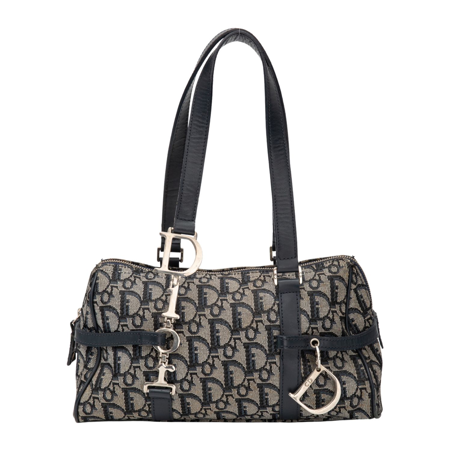 DIOR VINTAGE NAVY OBLIQUE TROTTER LOGO CHARMS BOSTON SHOULDER BAG (2003)