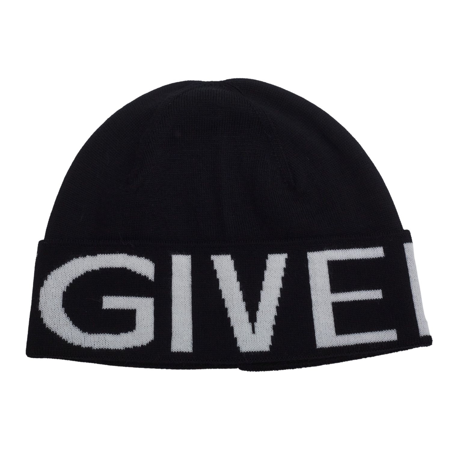 GIVENCHY BLACK KNIT WOOL BEANIE WITH WHITE LOGO