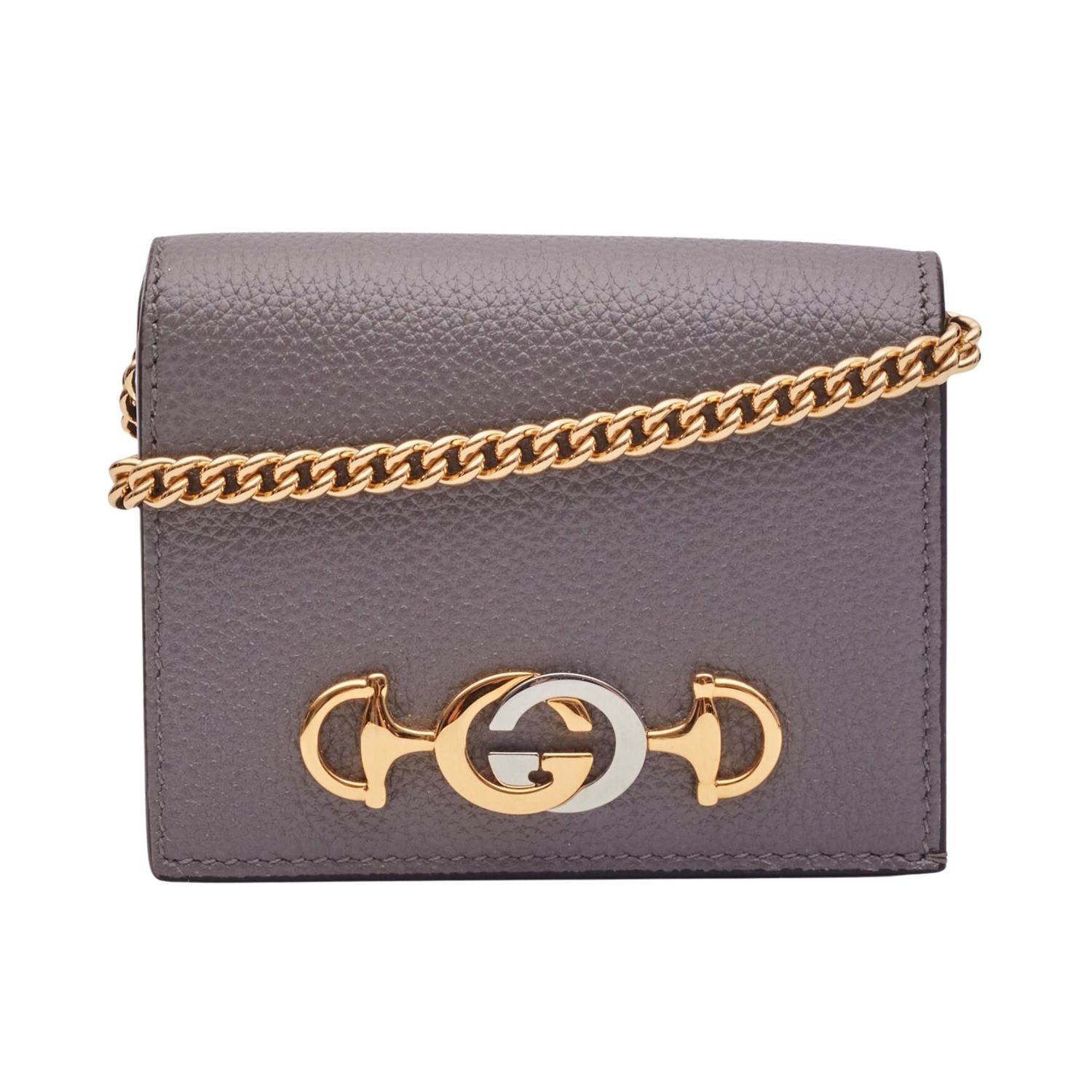 GUCCI CALFSKIN DUSTY GREY ZUMI CHAIN CARD CASE WALLET