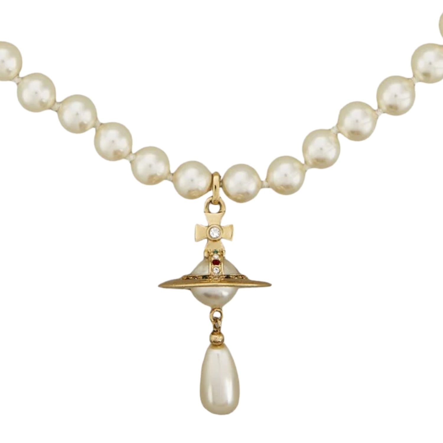 VIVIENNE WESTWOOD ORB PENDANT DROP PEARL NECKLACE GOLD