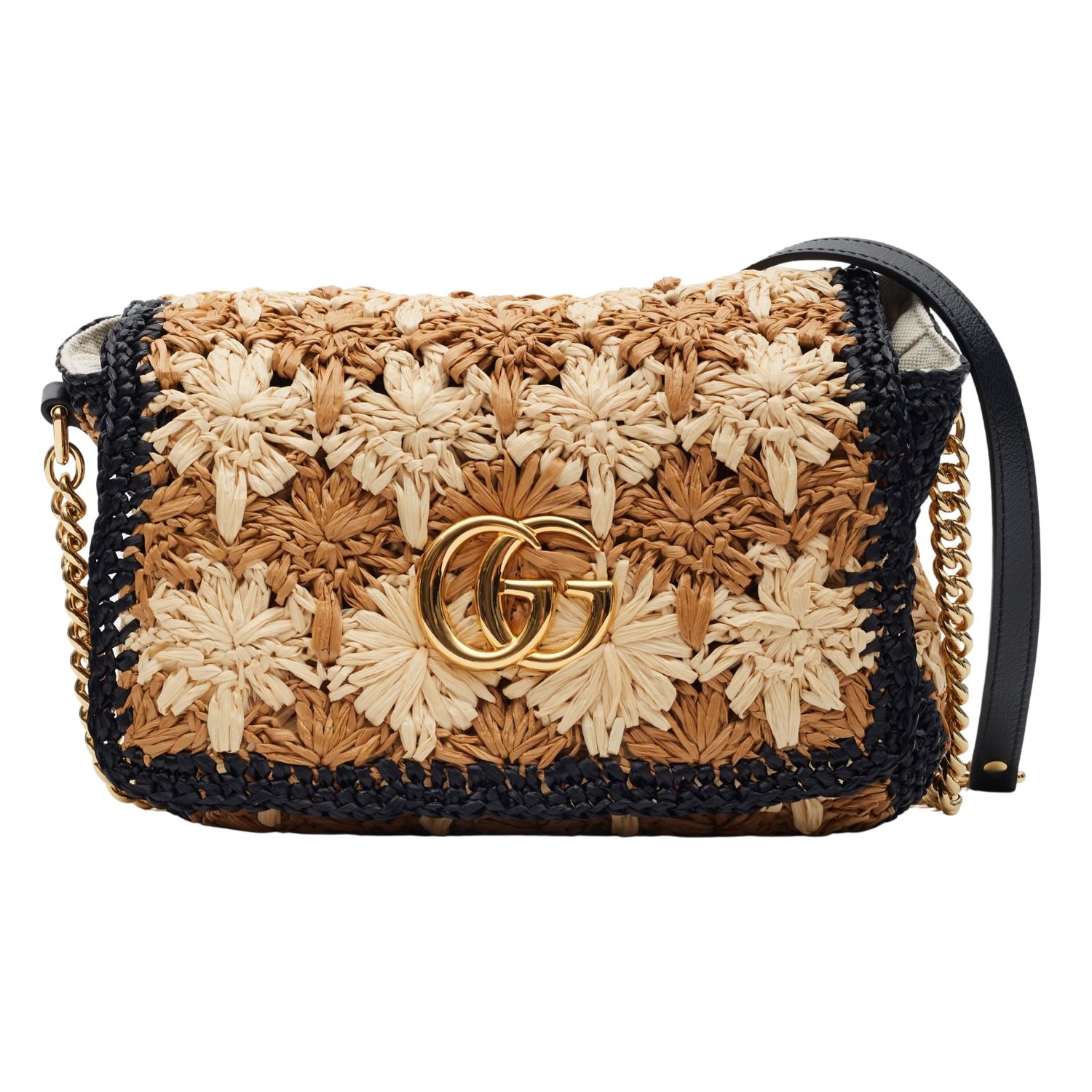 GUCCI RAFFIA CROCHET FLOWER GG MARMONT SHOULDER BAG ECRU BLACK S