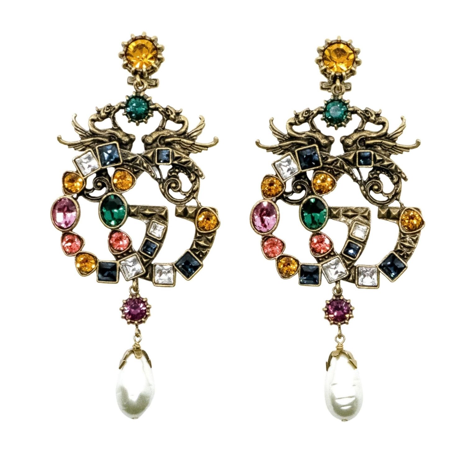 GUCCI FAUX PEARL &amp; MULTICOLOR CRYSTALS GG CLIP-ON EARRINGS
