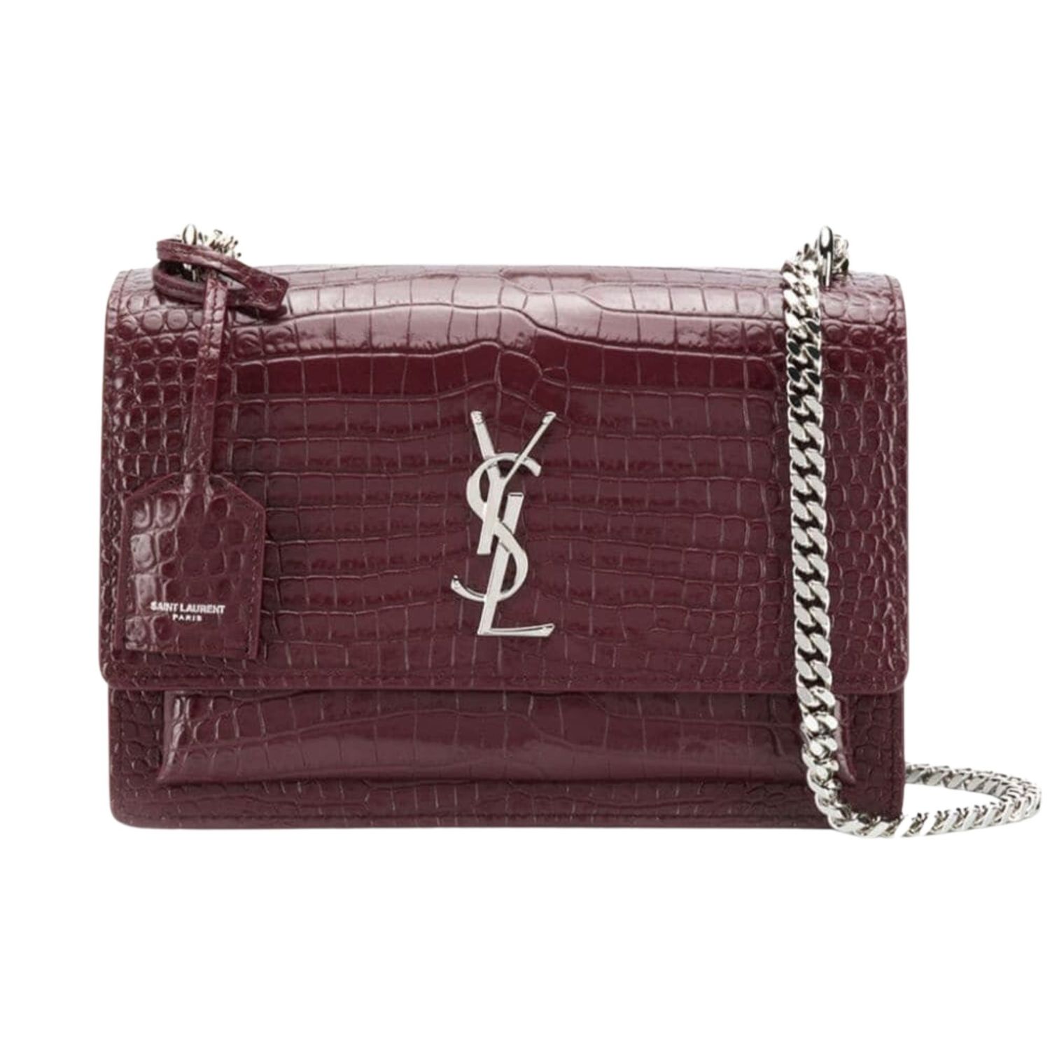 SAINT LAURENT CROC EMBOSSED BURGUNDY MEDIUM SUNSET SHOULDER BAG