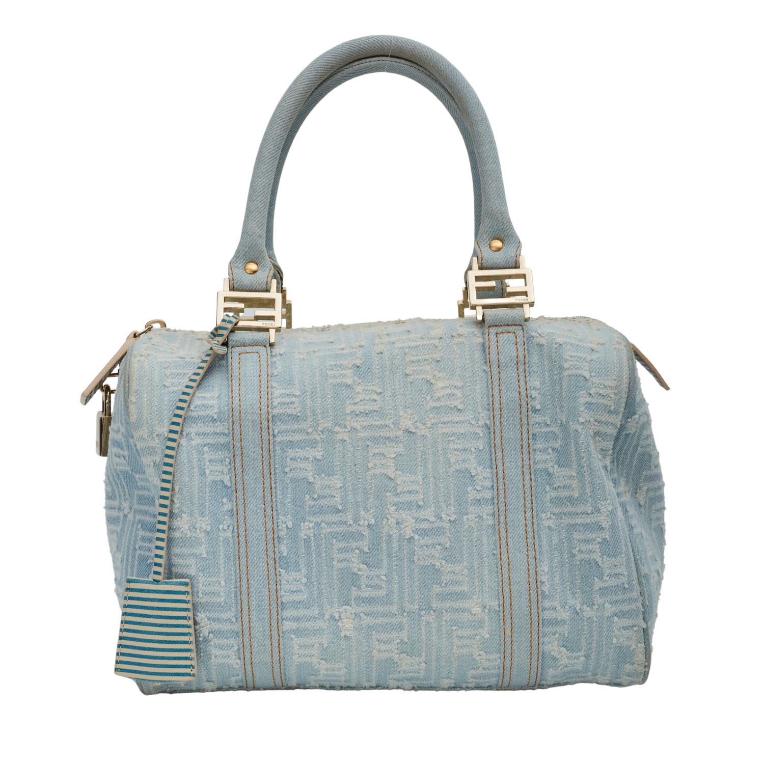 FENDI VINTAGE BLUE DENIM ZUCCA FOREVER BAULETTO BOSTON 25 HANDBAG