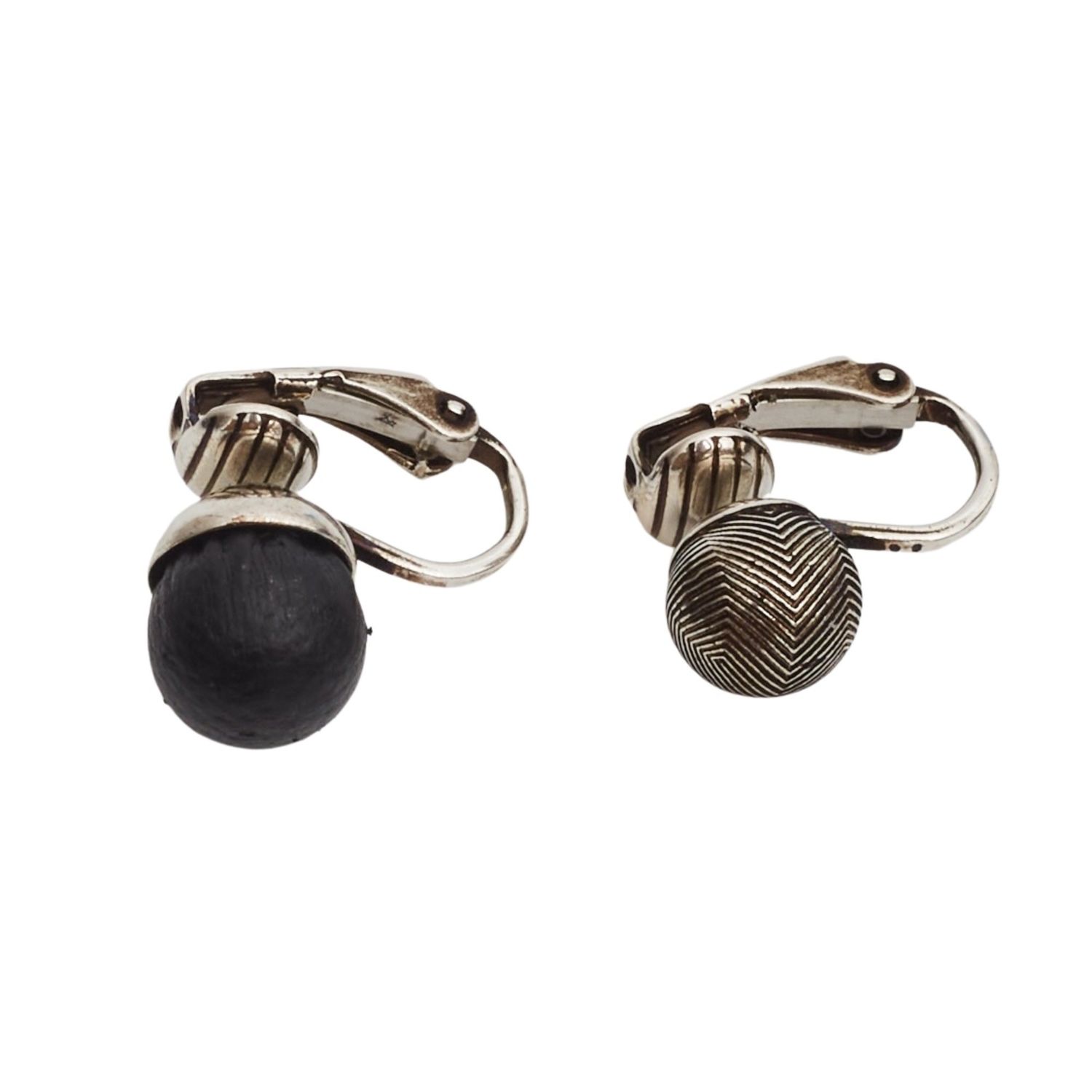 SAINT LAURENT GUILLOCHE BRASS &amp; LEATHER BLACK GUN METAL EARRINGS