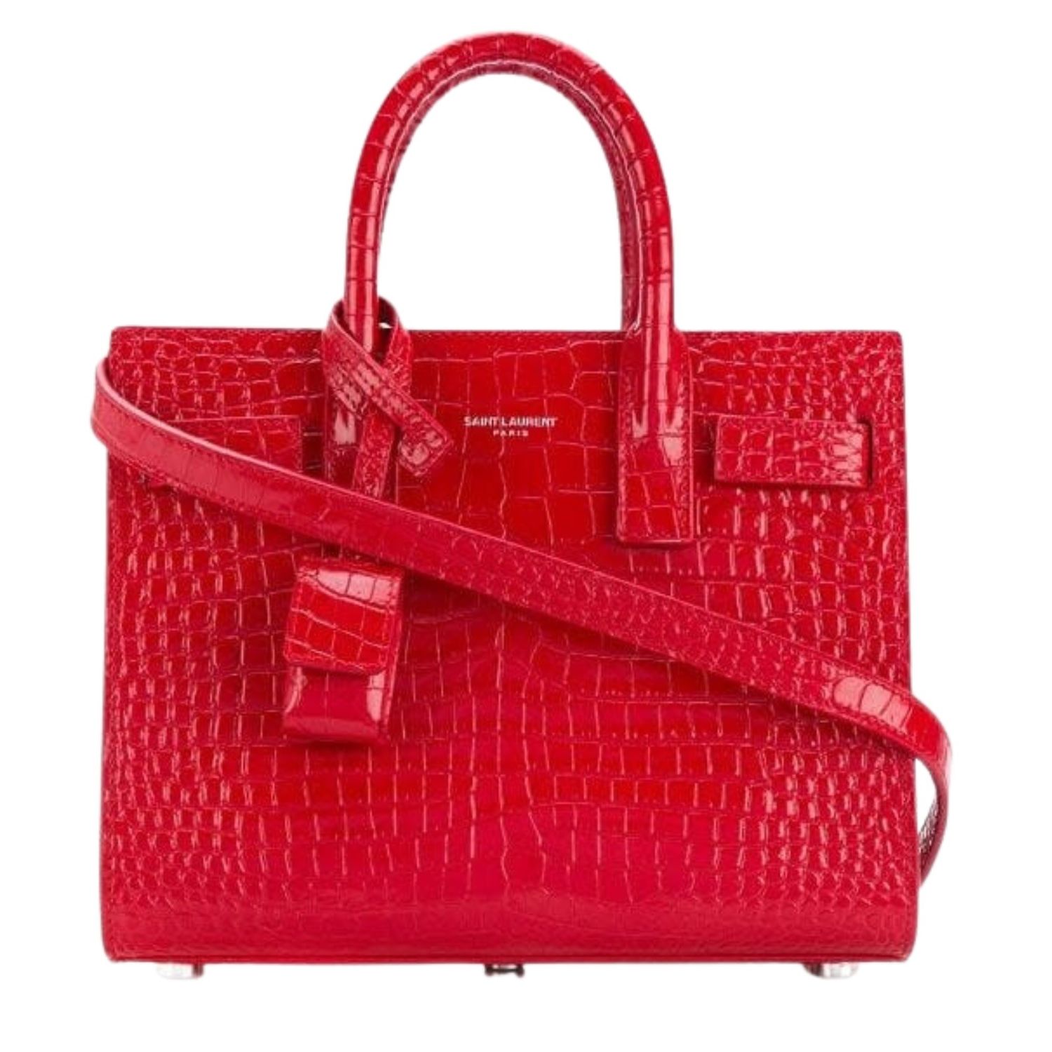 SAINT LAURENT CROC EMBOSSED RED SAC DU JOUR NANO TOTE BAG