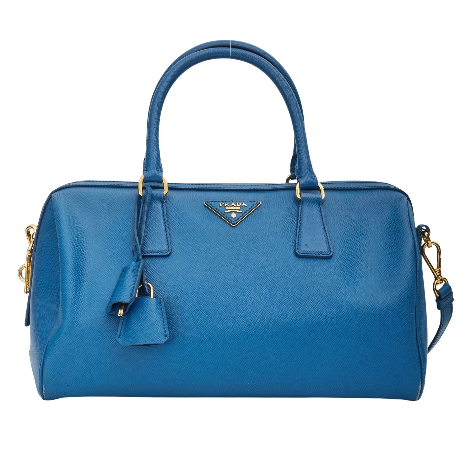 PRADA SAFFIANO LEATHER BLUE BAULETTO BOSTON BAG ROUND