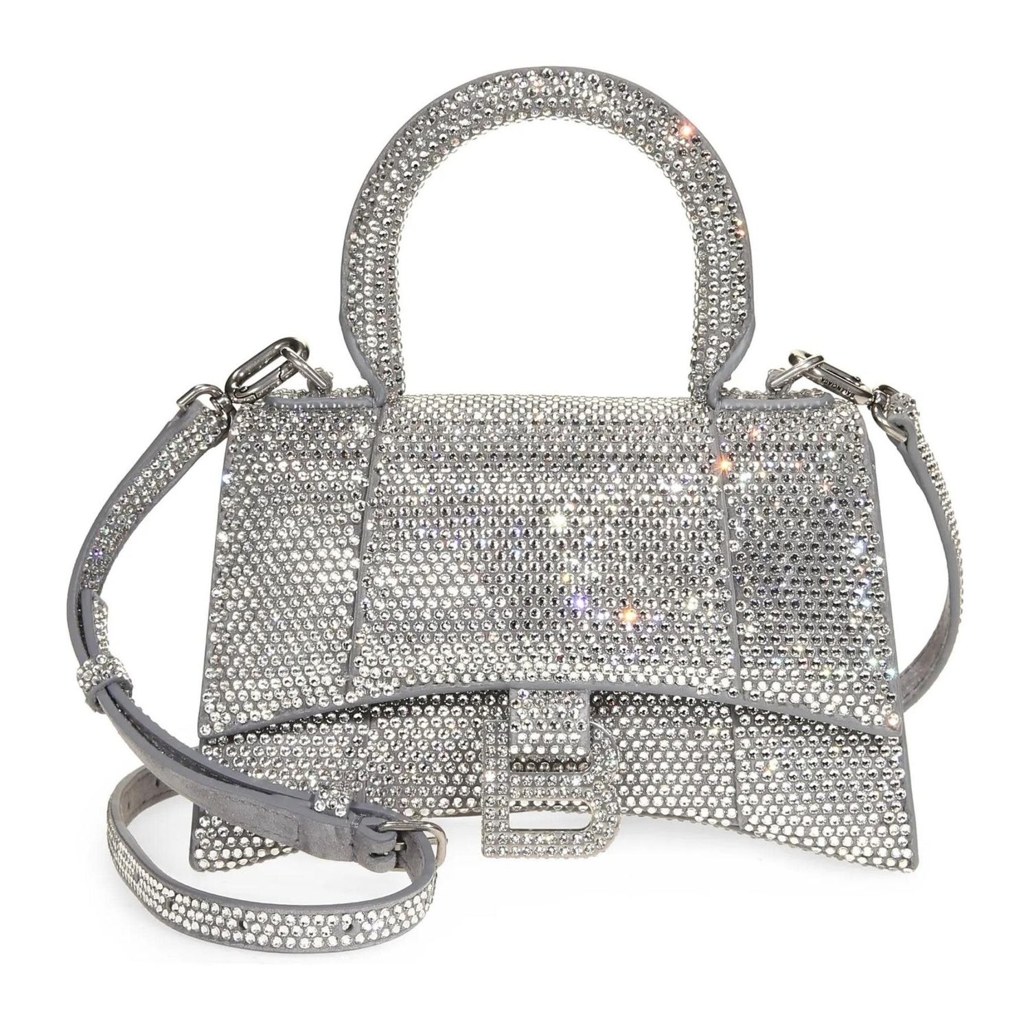 BALENCIAGA RHINESTONES SILVER HOURGLASS XS HANDBAG