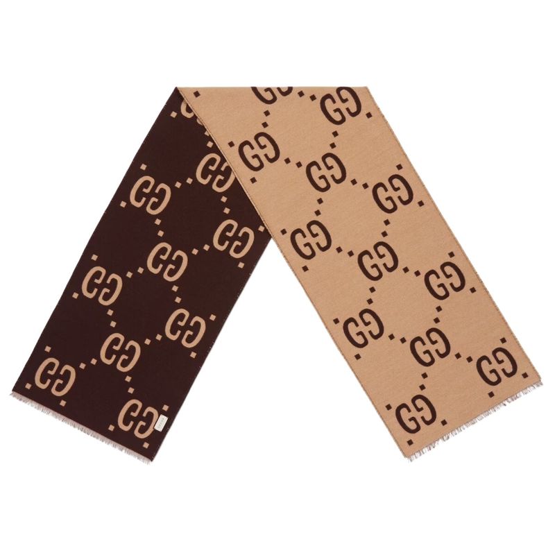 GUCCI GG JACQUARD WOOL SILK SCARF BROWN