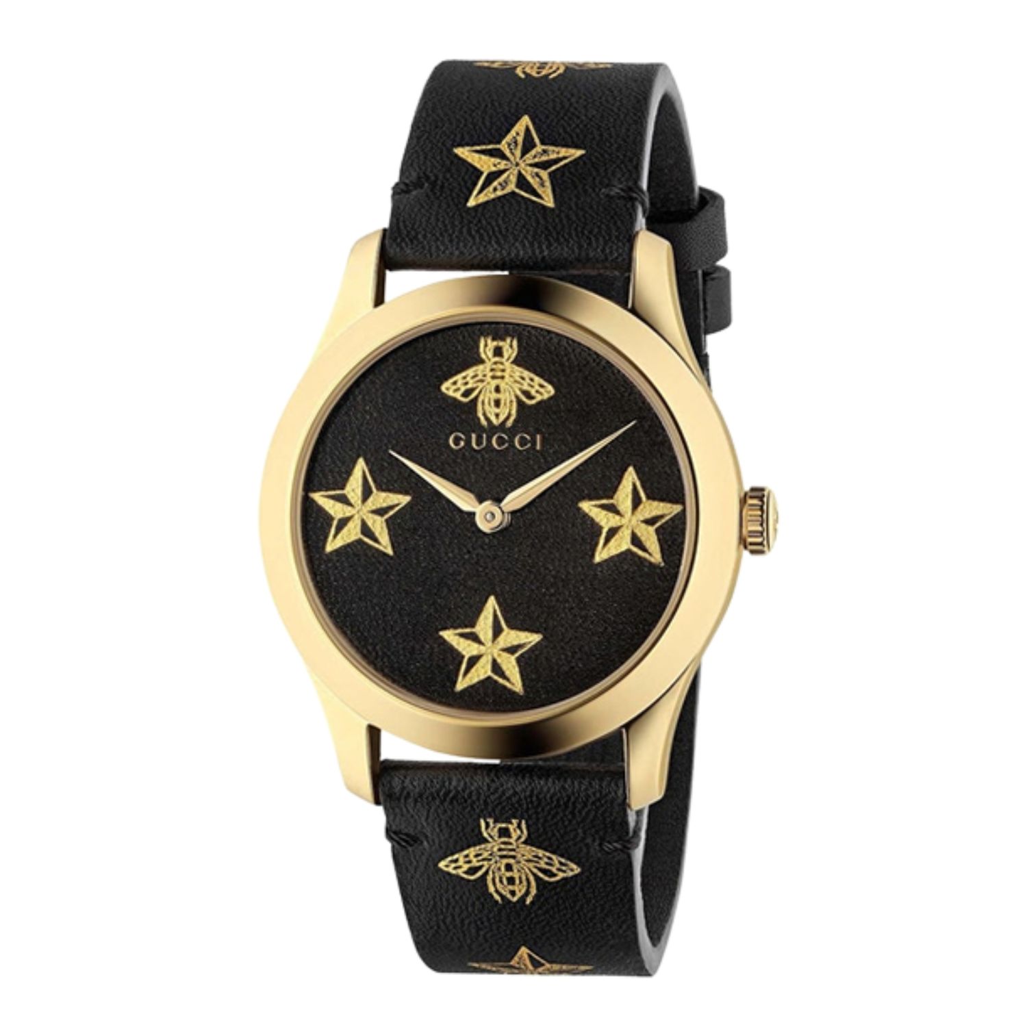 GUCCI GOLD BLACK LEATHER BEE AND STARS G-TIMELESS 126.4 WATCH