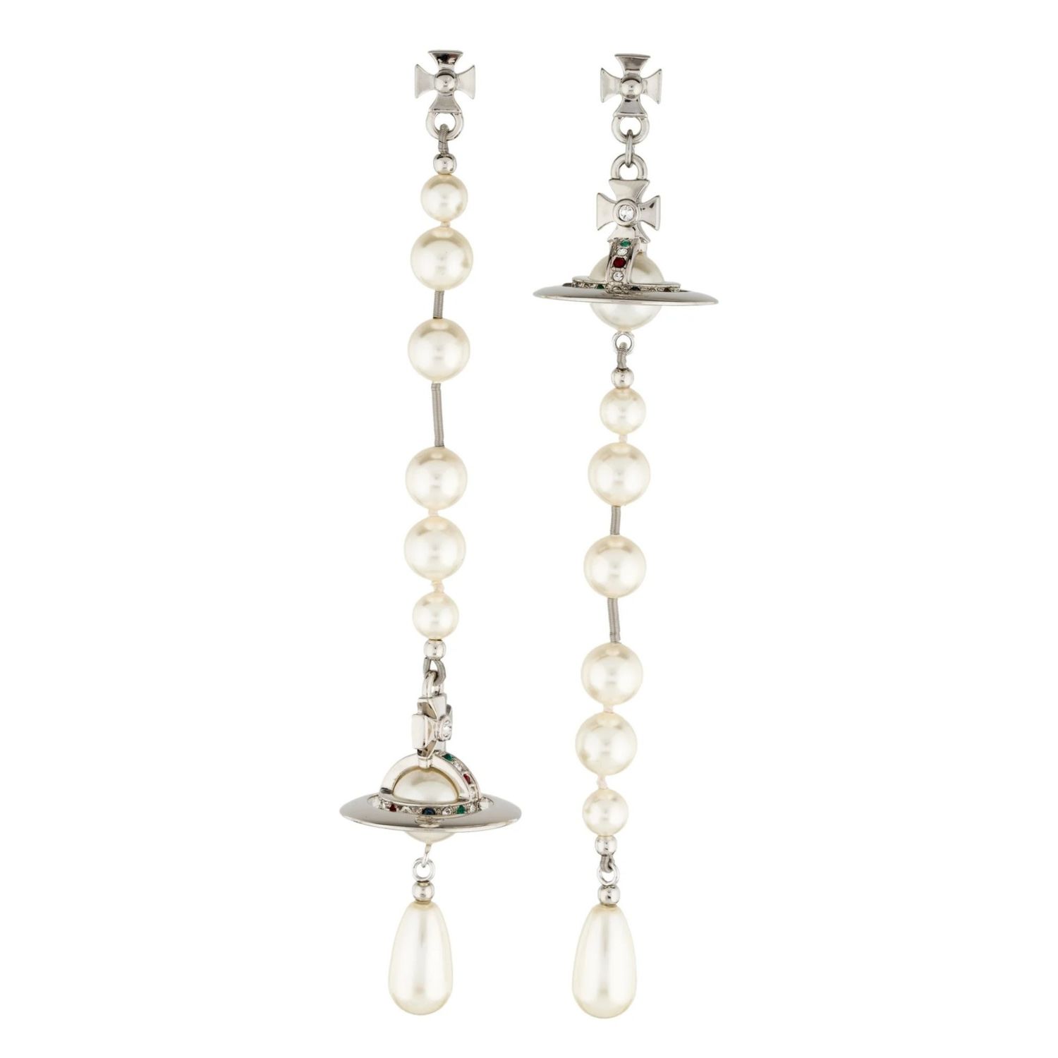 VIVIENNE WESTWOOD BROKEN PEARL ORB DROP EARRINGS SILVER