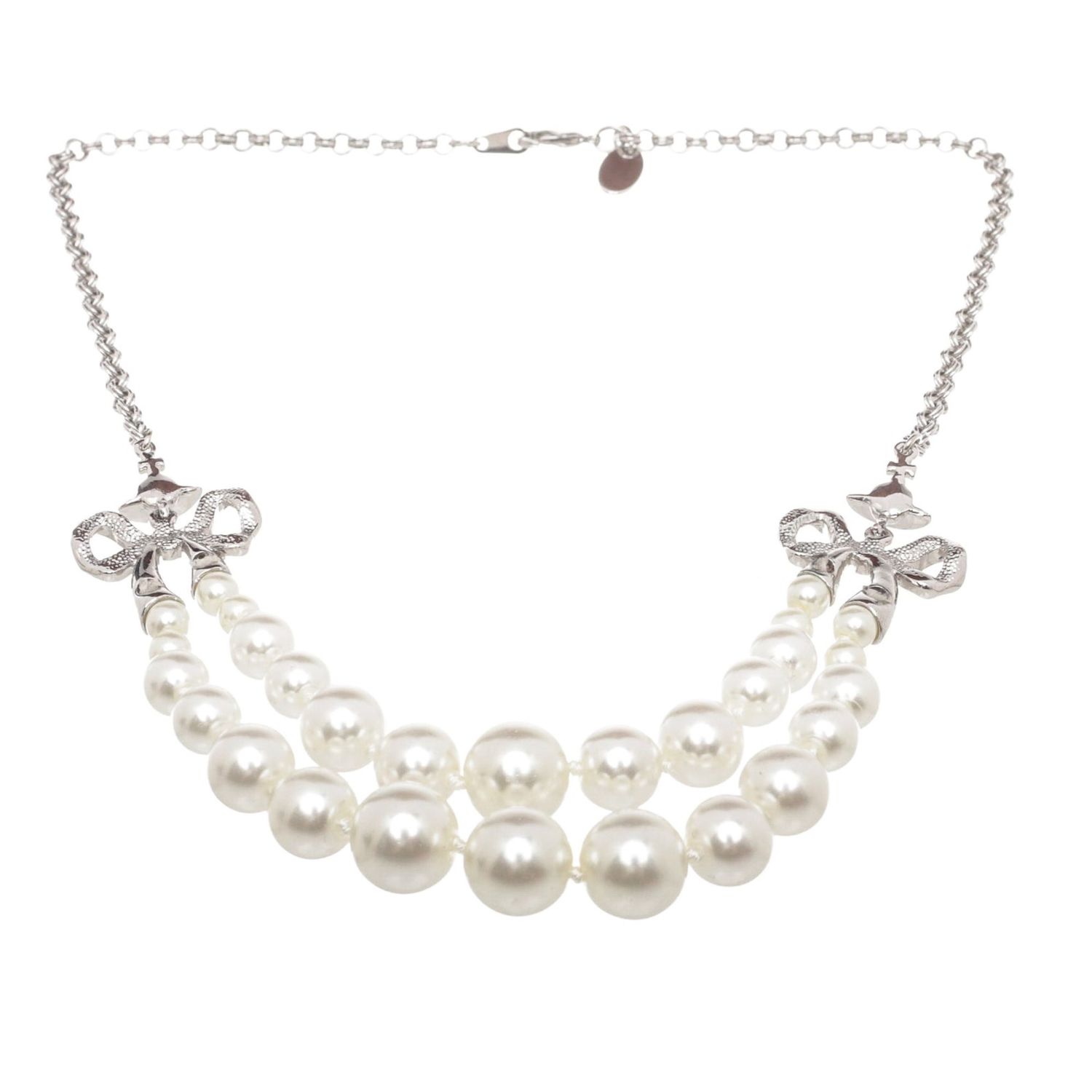 VIVIENNE WESTWOOD DIAMANTE BOW AND PEARL DOUBLE ROW CHOKER