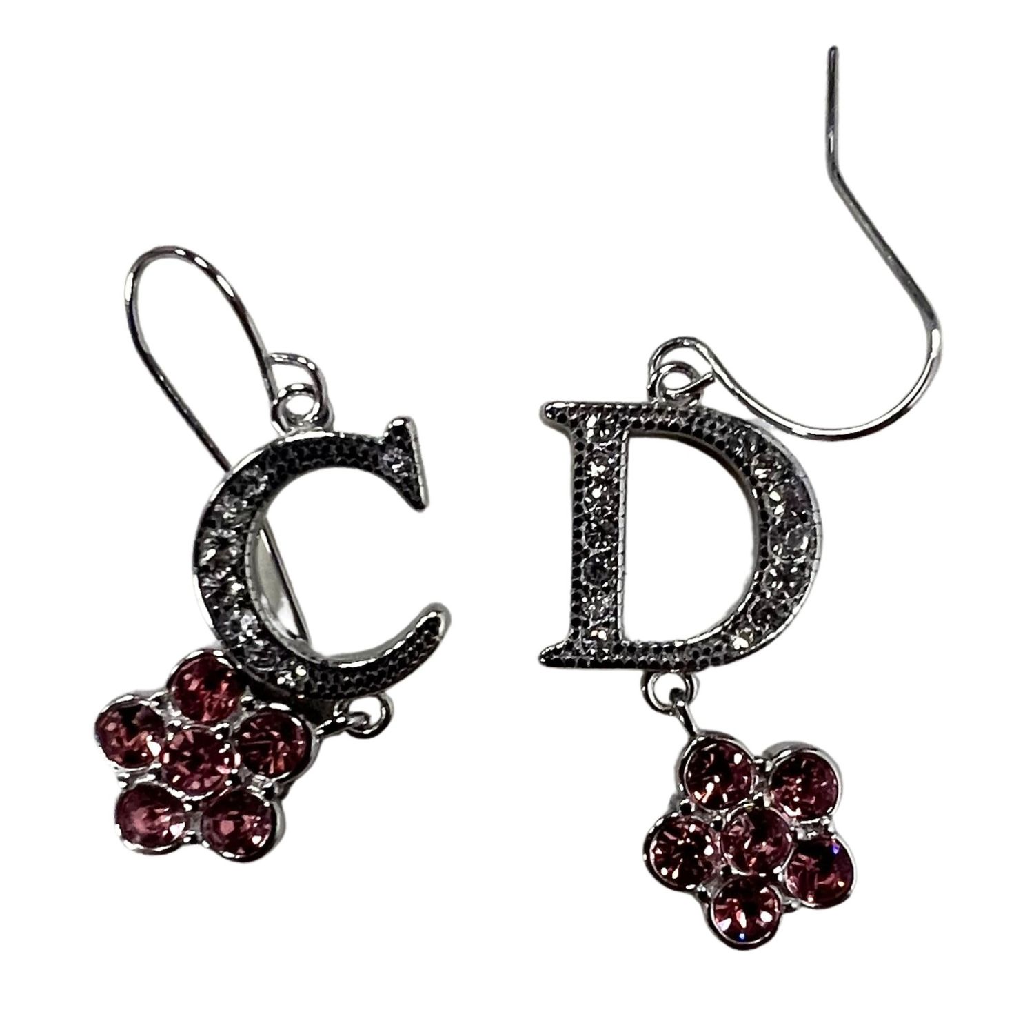 DIOR PINK FLORAL LOGO CHARM CRYSTAL PENDANT DROP EARRINGS