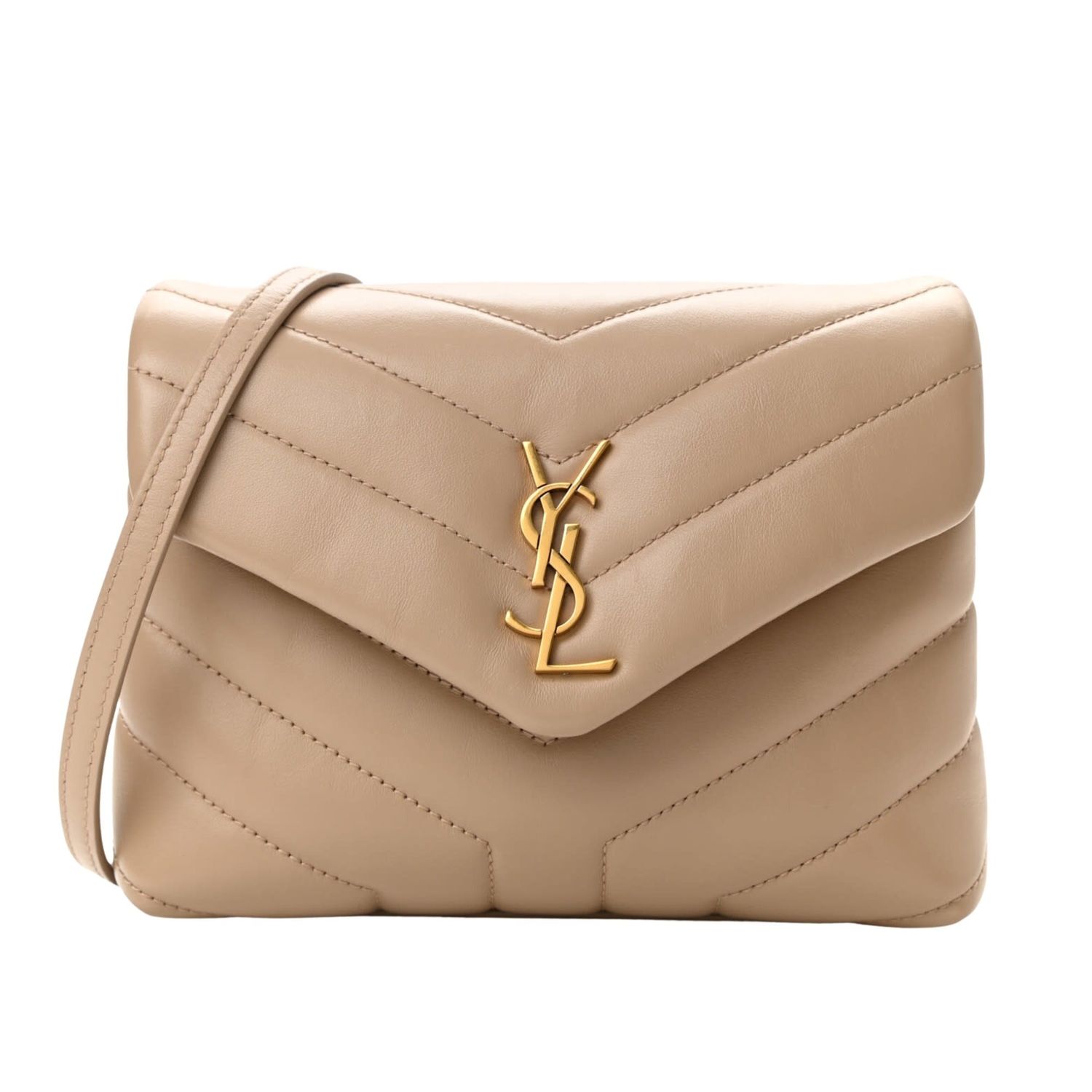 SAINT LAURENT CALFSKIN DARK BEIGE Y QUILTED TOY LOULOU BAG GOLD HARDWARE