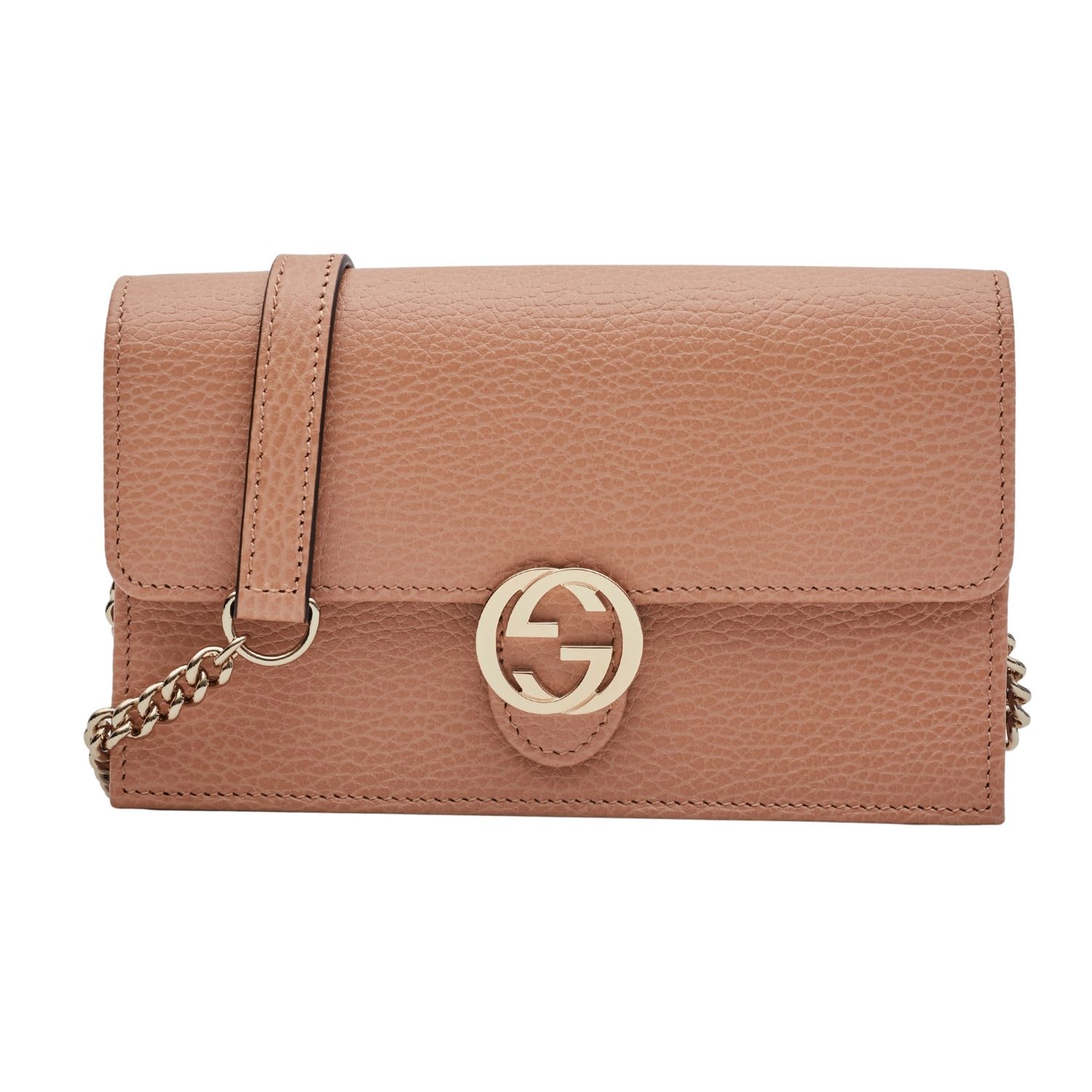 GUCCI DOLLAR CALFSKIN INTERLOCKING GG WALLET ON CHAIN BAG BEIGE