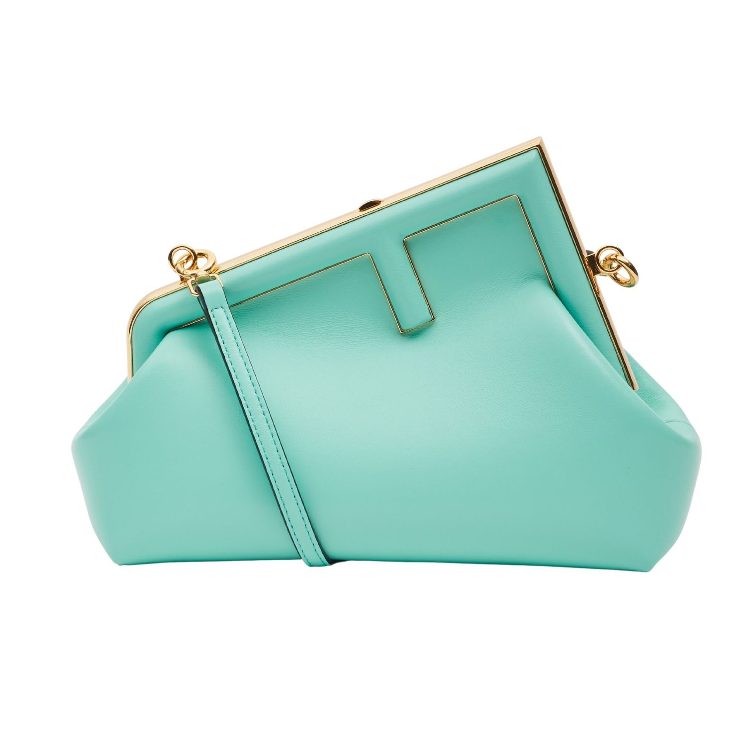 FENDI FIRST LAMBSKIN TURQUOISE LOGO DETAILED CLUTCH BAG
