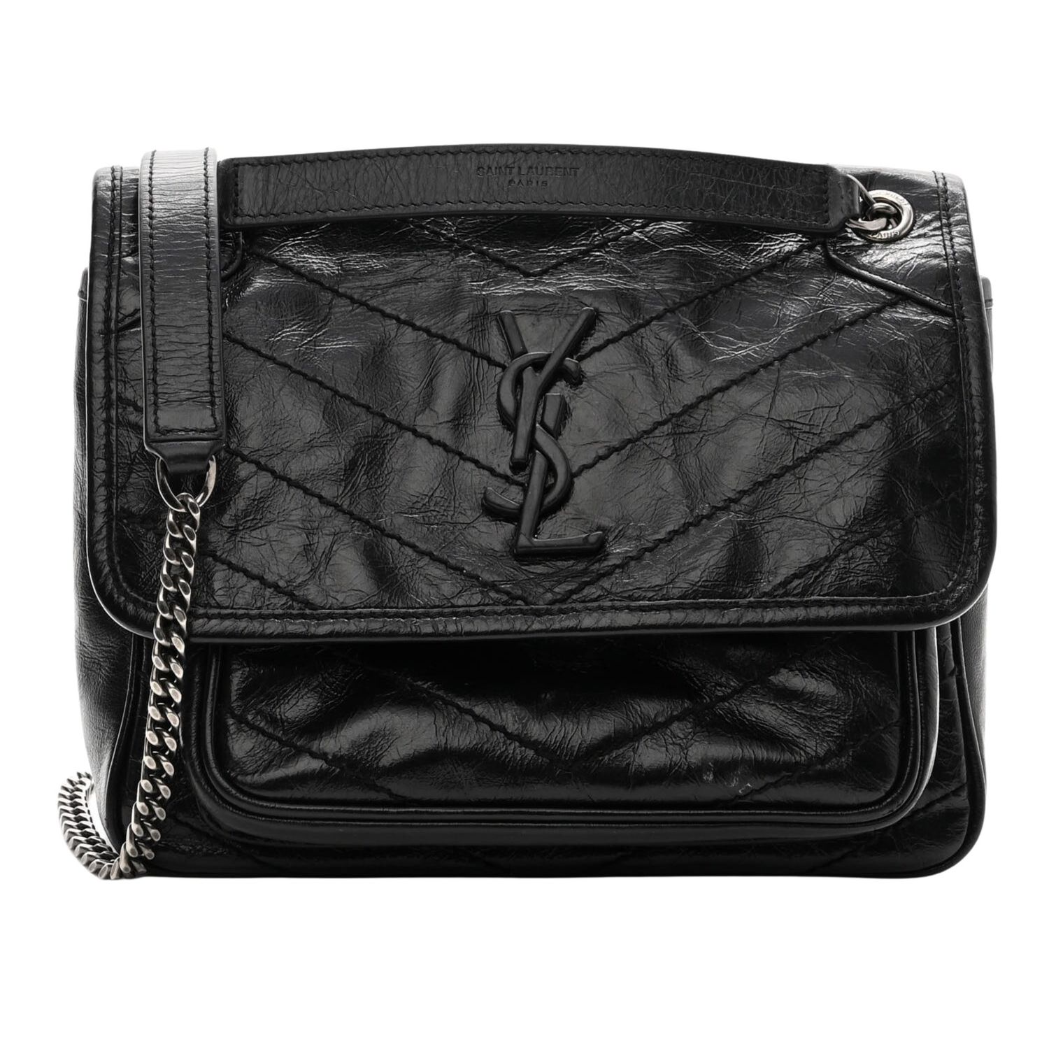 SAINT LAURENT CRINKLED CALFSKIN BLACK BABY NIKI CHAIN SATCHEL BAG