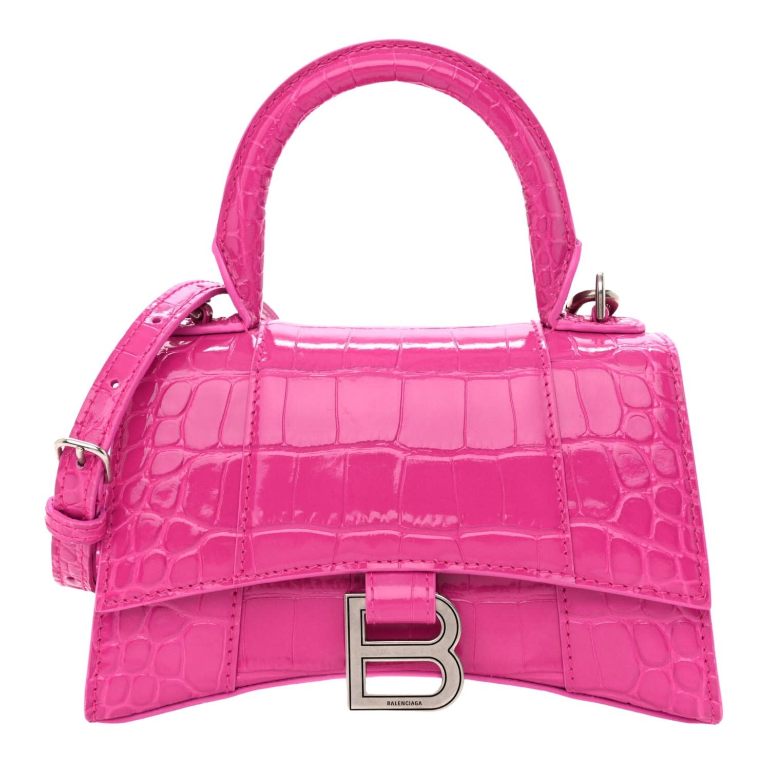 BALENCIAGA LIPSTICK PINK CALFSKIN CROC EMBOSSED HOURGLASS BAG XS
