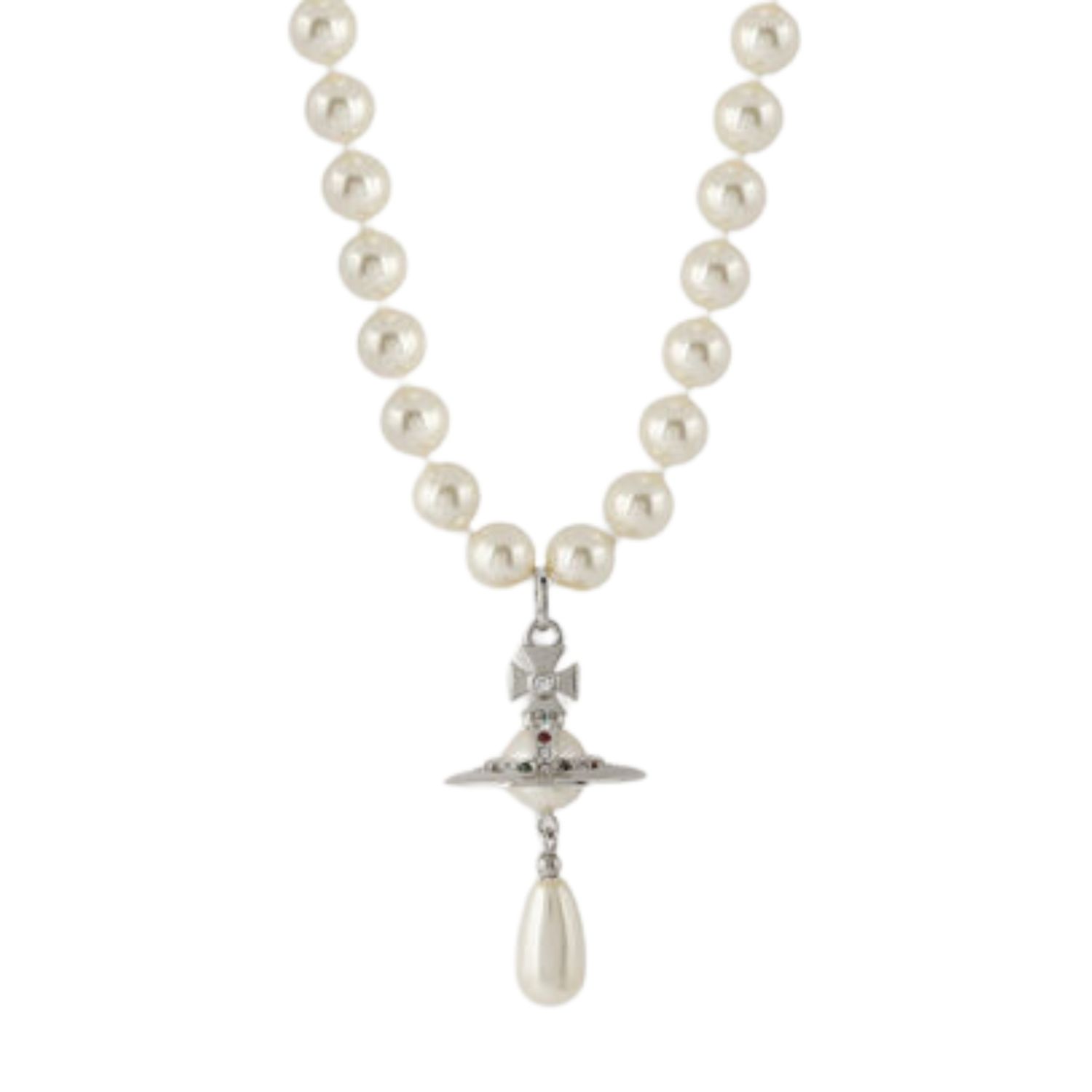 VIVIENNE WESTWOOD ORB PENDANT DROP PEARL NECKLACE SILVER