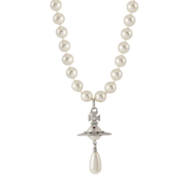 VIVIENNE WESTWOOD ORB PENDANT DROP PEARL NECKLACE SILVER