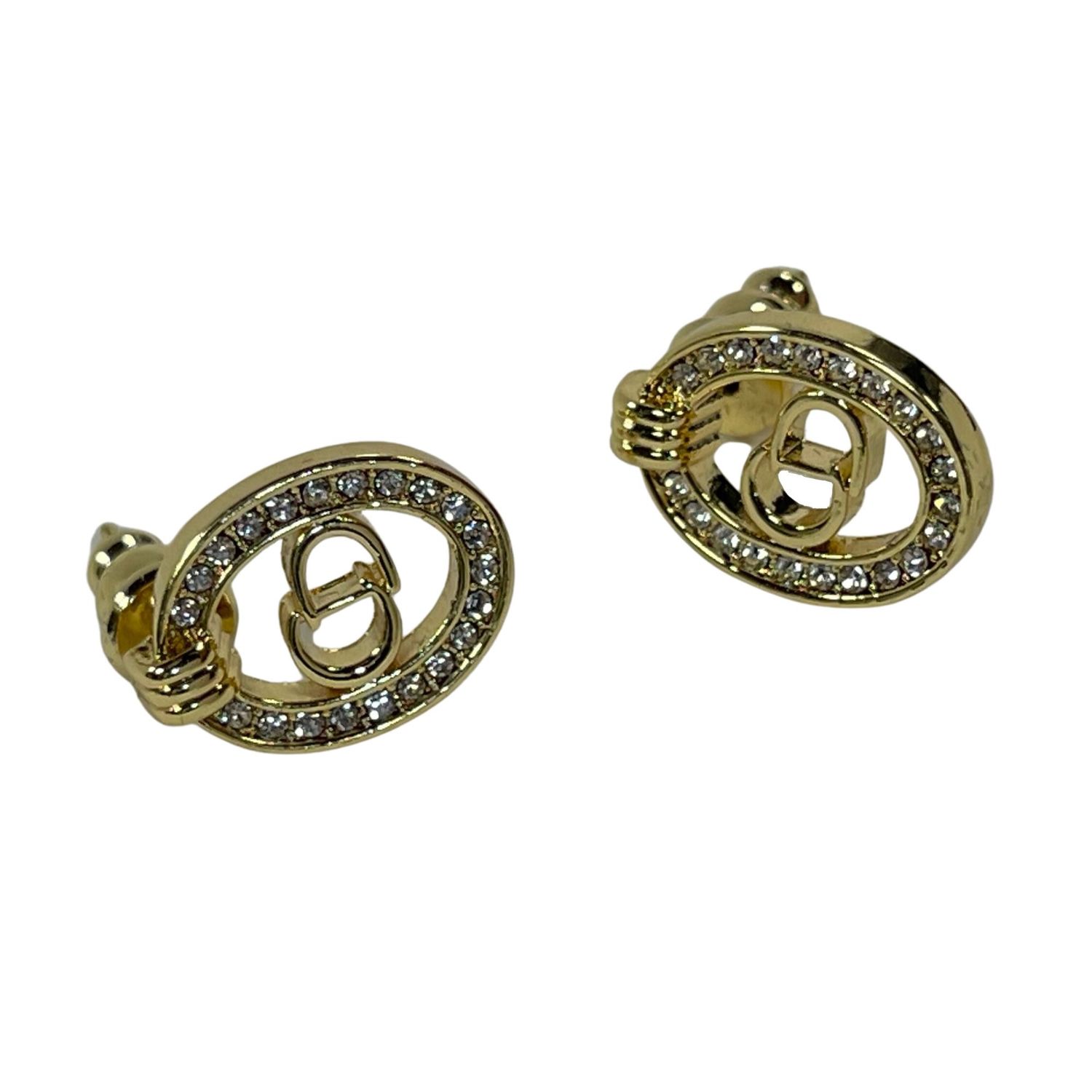 DIOR GOLD &amp; CRYSTAL ROUND CD LOGO STUD EARRINGS