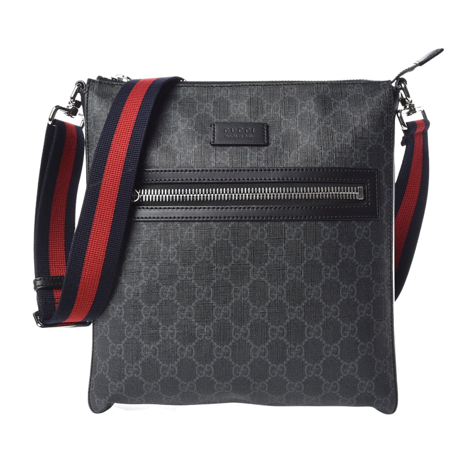 GUCCI GG SUPREME BLACK MONOGRAM WEB FLAT MESSENGER BAG