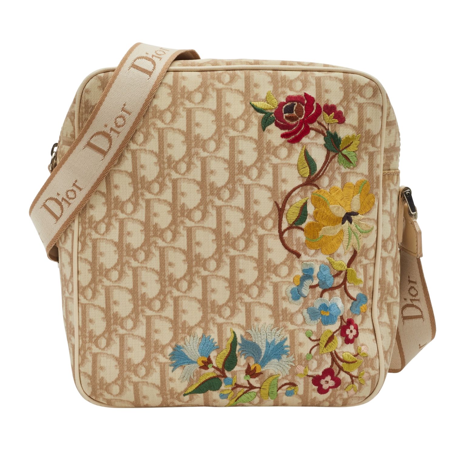 DIOR VINTAGE BEIGE FLOWER TROTTER OBLIQUE MONOGRAM SIDE BAG (2004)