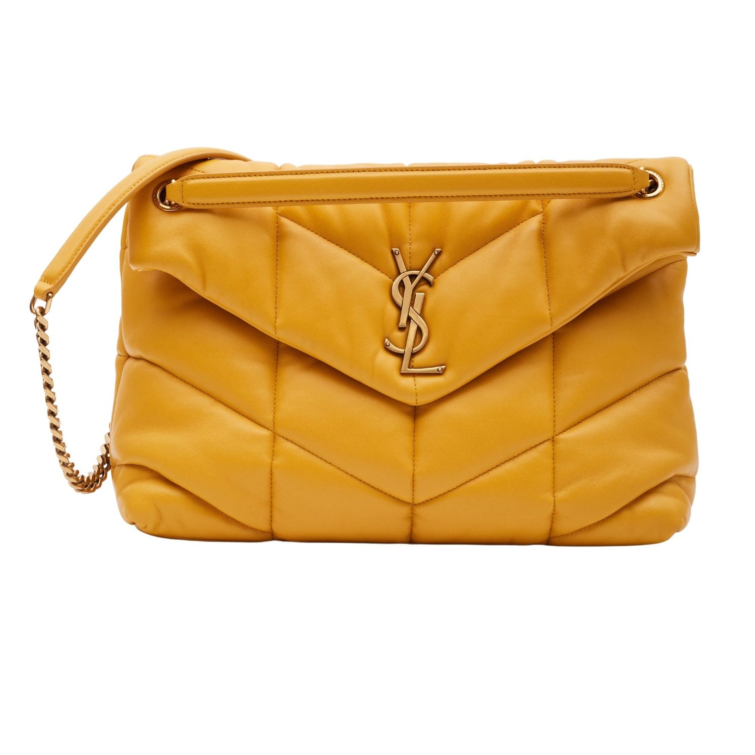 SAINT LAURENT LAMBSKIN LOULOU PUFFER CHAIN SAFFRAN MEDIUM BAG