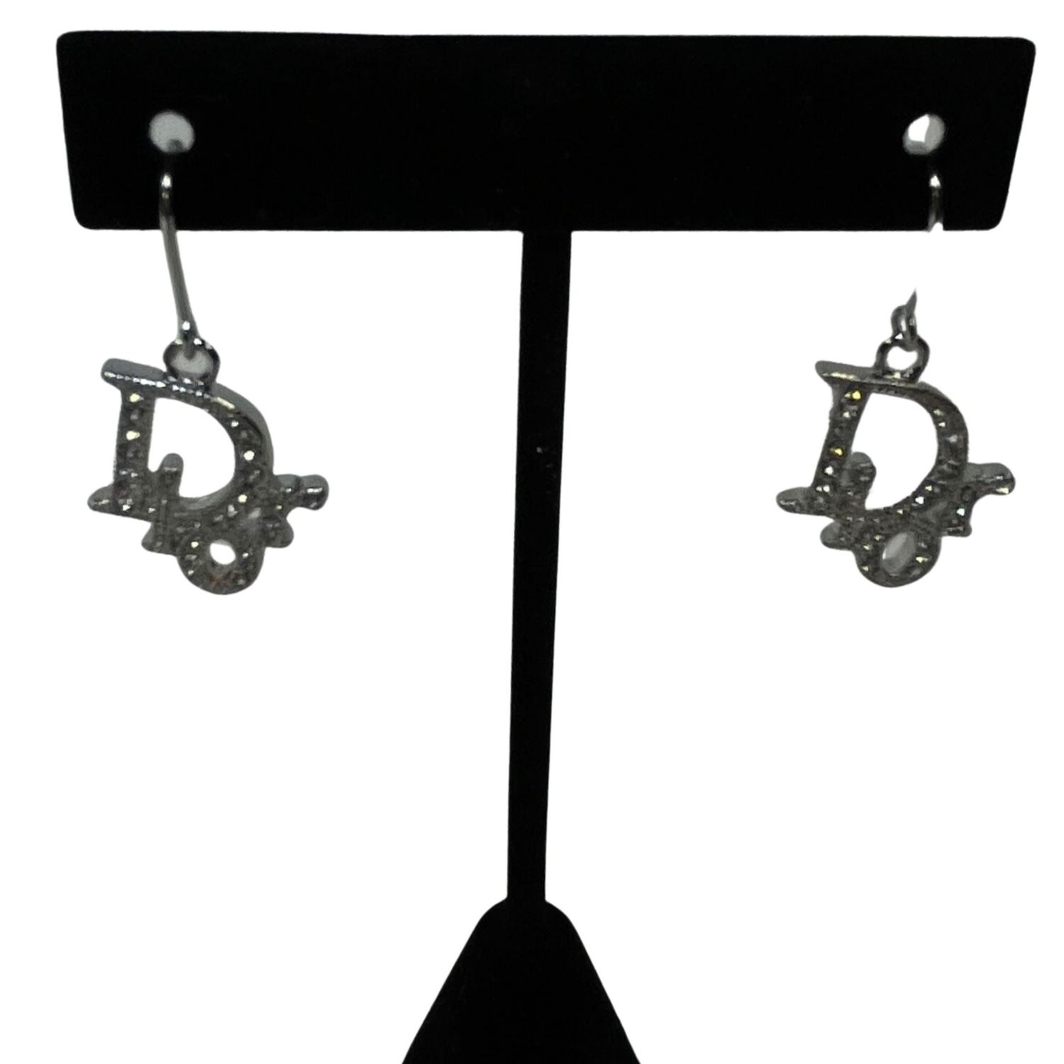 DIOR SILVER CRYSTAL OBLIQUE LOGO PENDANT DROP EARRINGS