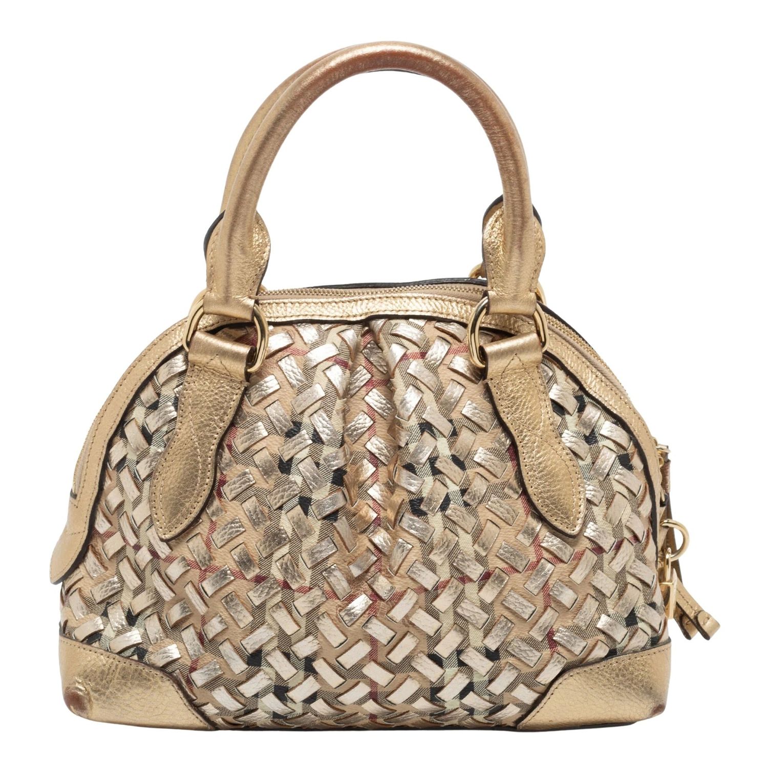 BURBERRY METALLIC GOLD WOVEN HAYMARKET CHECK SMALL THORNLEY BAG