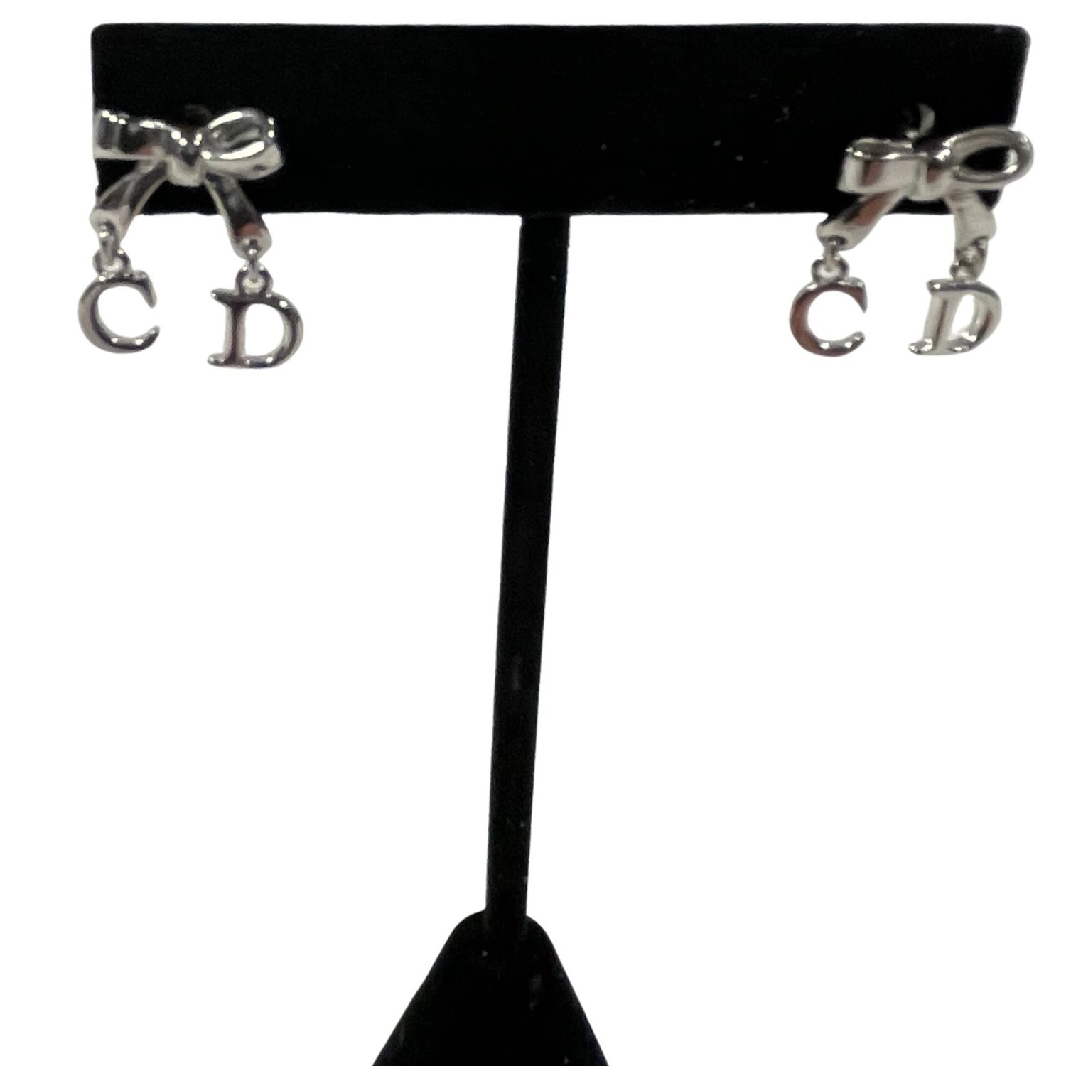 DIOR SILVER METAL CLASSIC LOGO DROP BOW EARRINGS