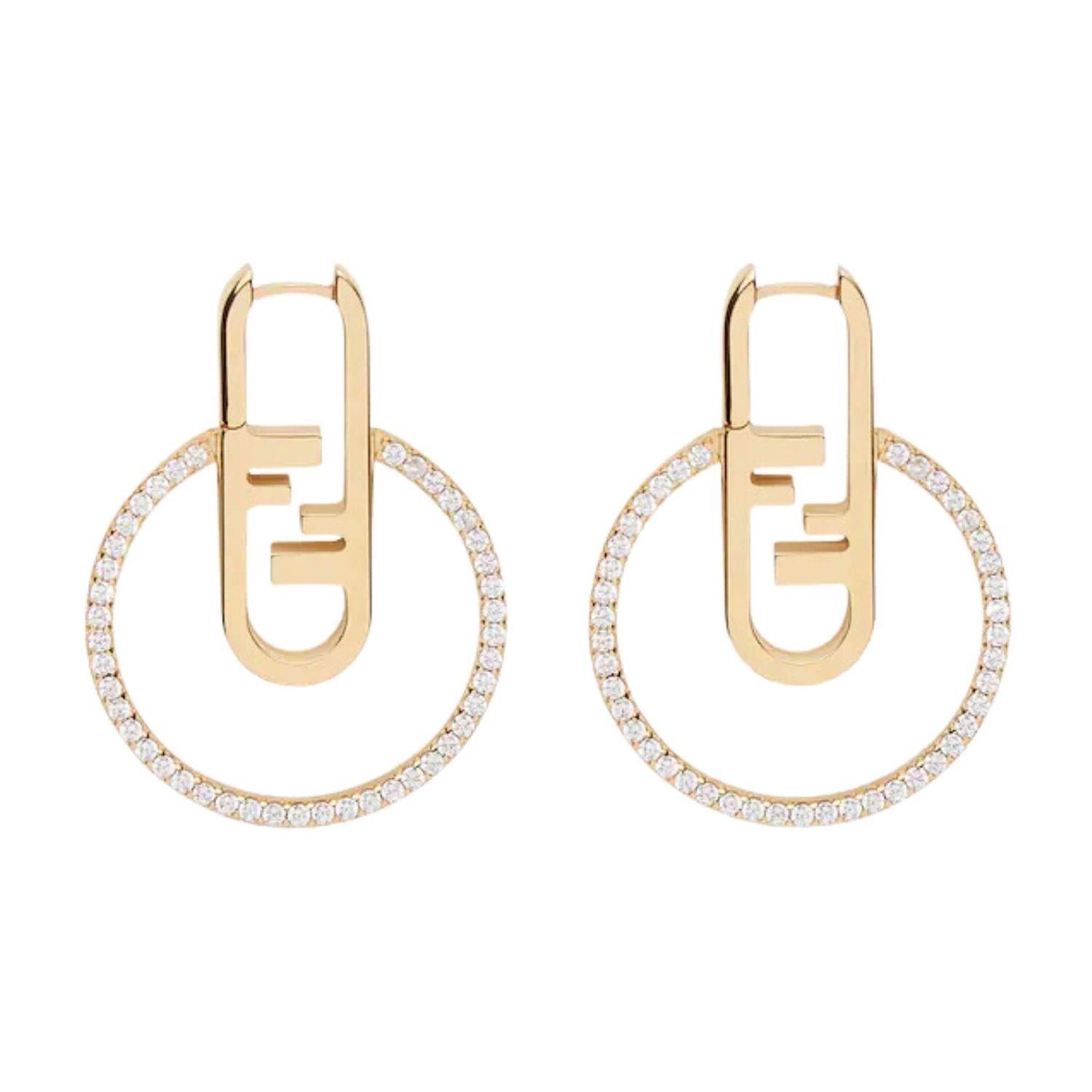 FENDI FF LOGO O'LOCK GOLDEN METALLIC CRYSTAL HOOP EARRINGS