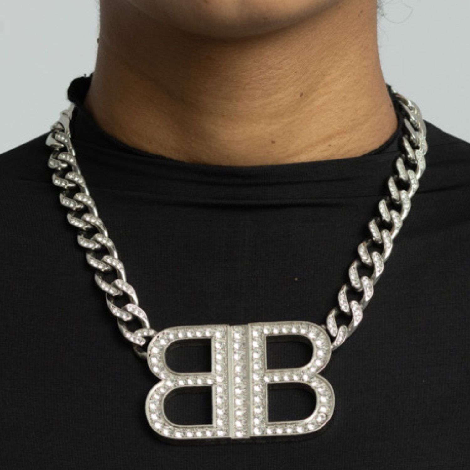BALENCIAGA SILVER CURB CHAIN BB 2.0 NECKLACE