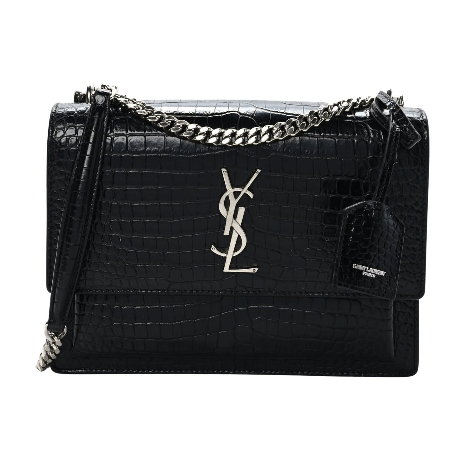 SAINT LAURENT CROC EMBOSSED SUNSET SHOULDER BAG MEDIUM