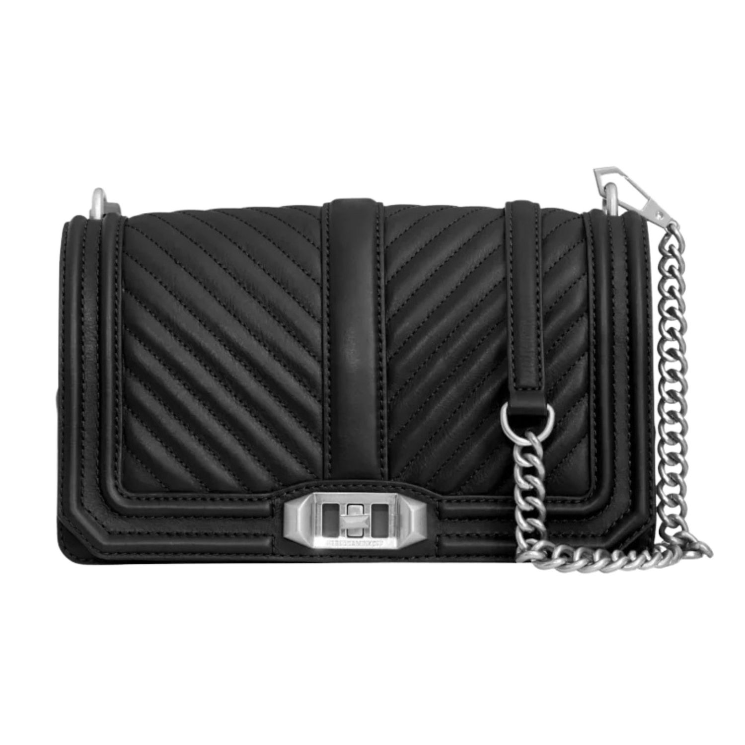 REBECCA MINKOFF BLACK CHEVRON QUILTED LOVE CROSSBODY SILVER HARDWARE