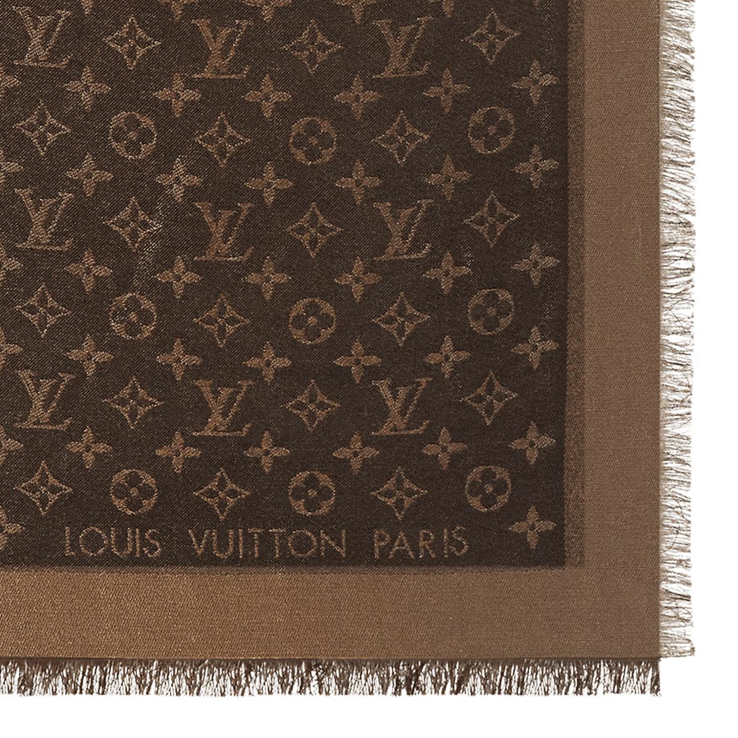 LOUIS VUITTON SILK WOOL BLEND M75122 MONOGRAM SHINE SHAWL BROWN