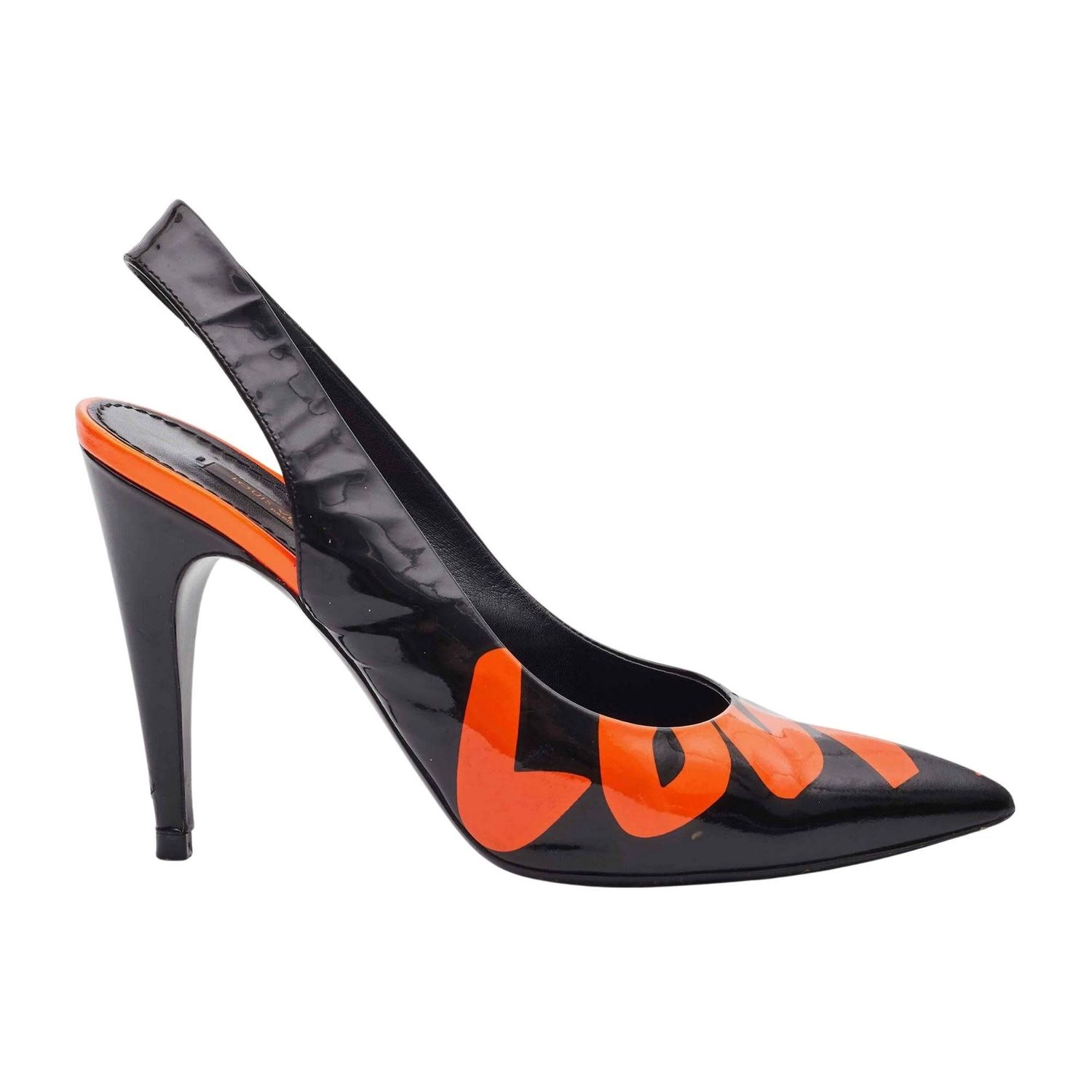 LOUIS VUITTON PATENT LEATHER ORANGE BLACK GRAFFITI SLINGBACK HEELS (EU 38.5)