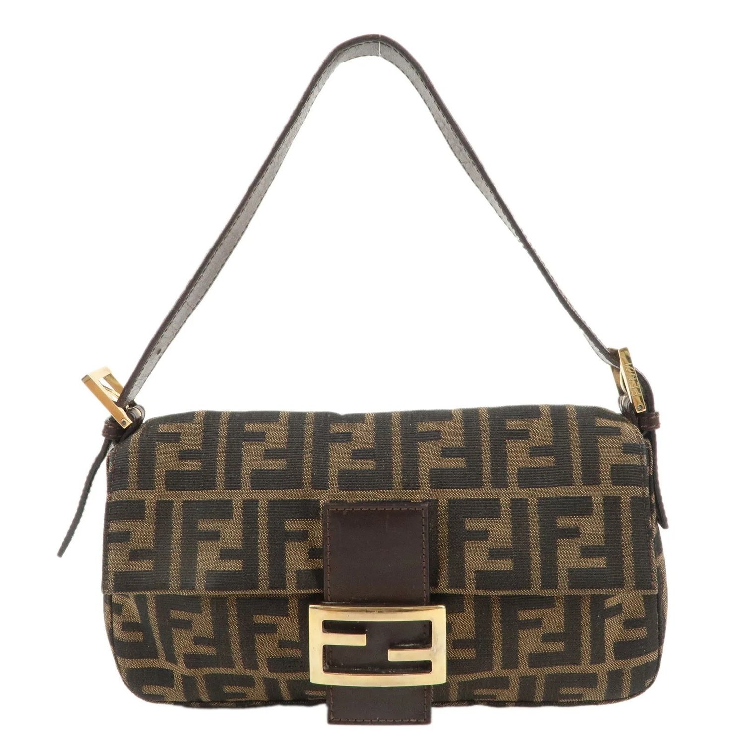 FENDI BROWN ZUCCA MONOGRAM BAGUETTE BAG GOLD HARDWARE