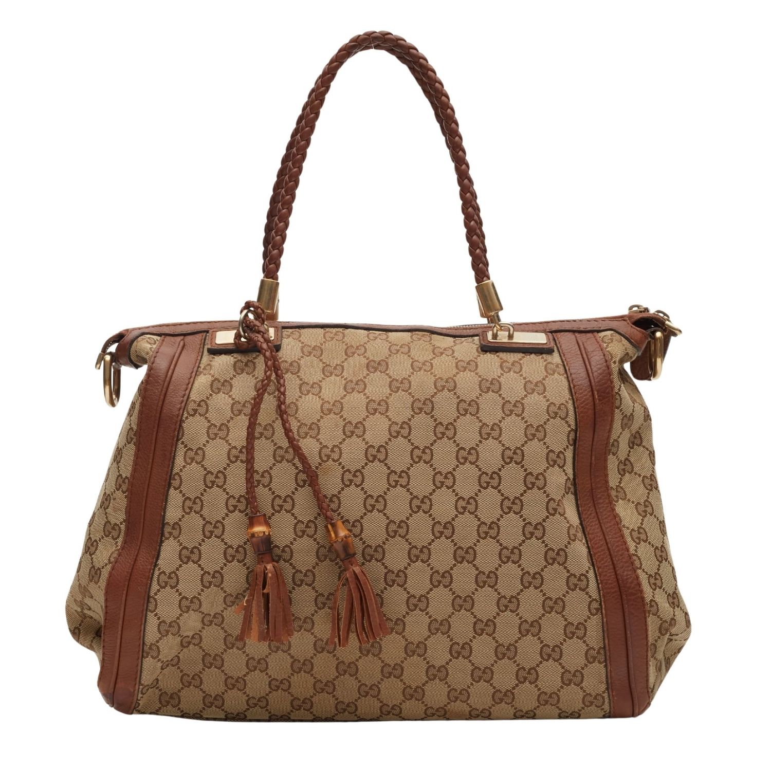 GUCCI GG MONOGRAM CANVAS BRAIDED HANLDES BELLA TOTE BAG BEIGE