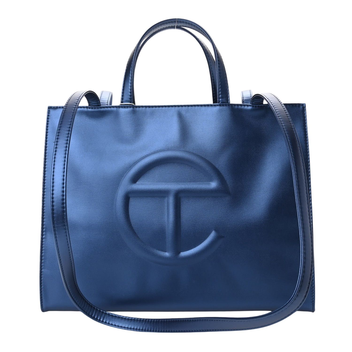 TELFAR VEGAN LEATHER MEDIUM SHOPPING BAG METALLIC COBALT BLUE
