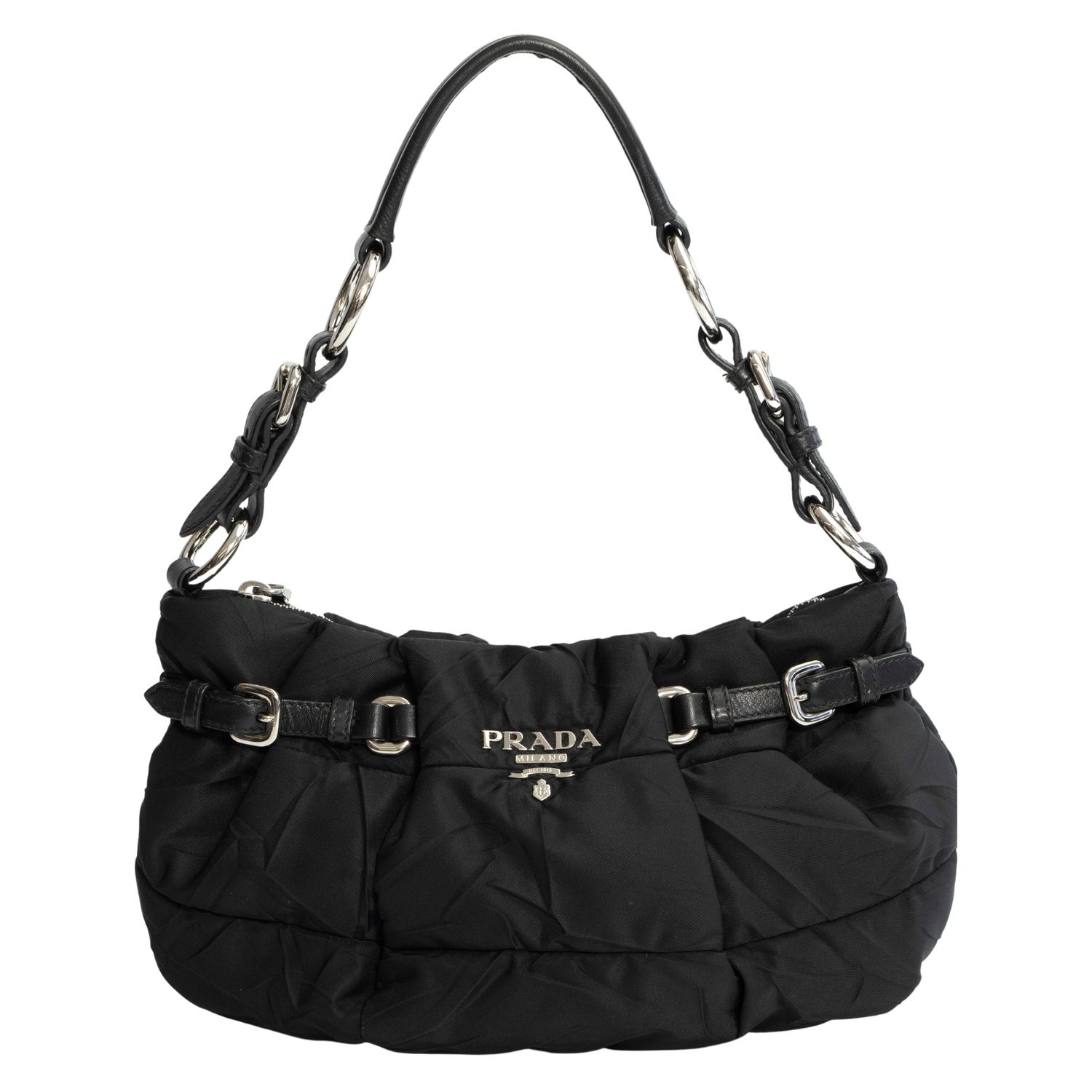 PRADA TESSUTO NYLON BLACK QUILTED BUCKLE HOBO BAG
