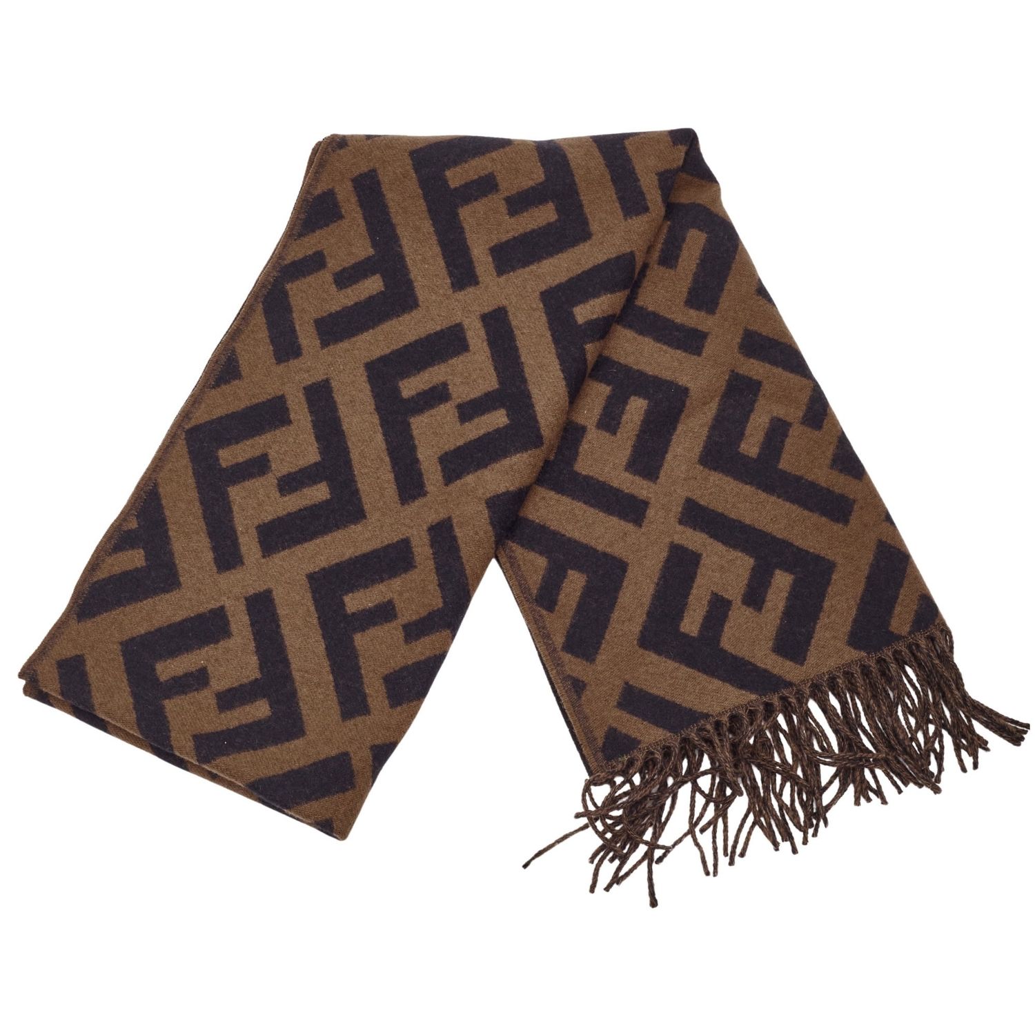 FENDI BROWN ZUCCA FRINGED CASHMERE JACQUARD SCARF