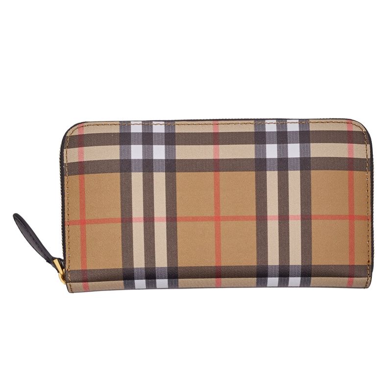 BURBERRY CHECK BEIGE LEATHER ELMORE ZIP AROUND WALLET