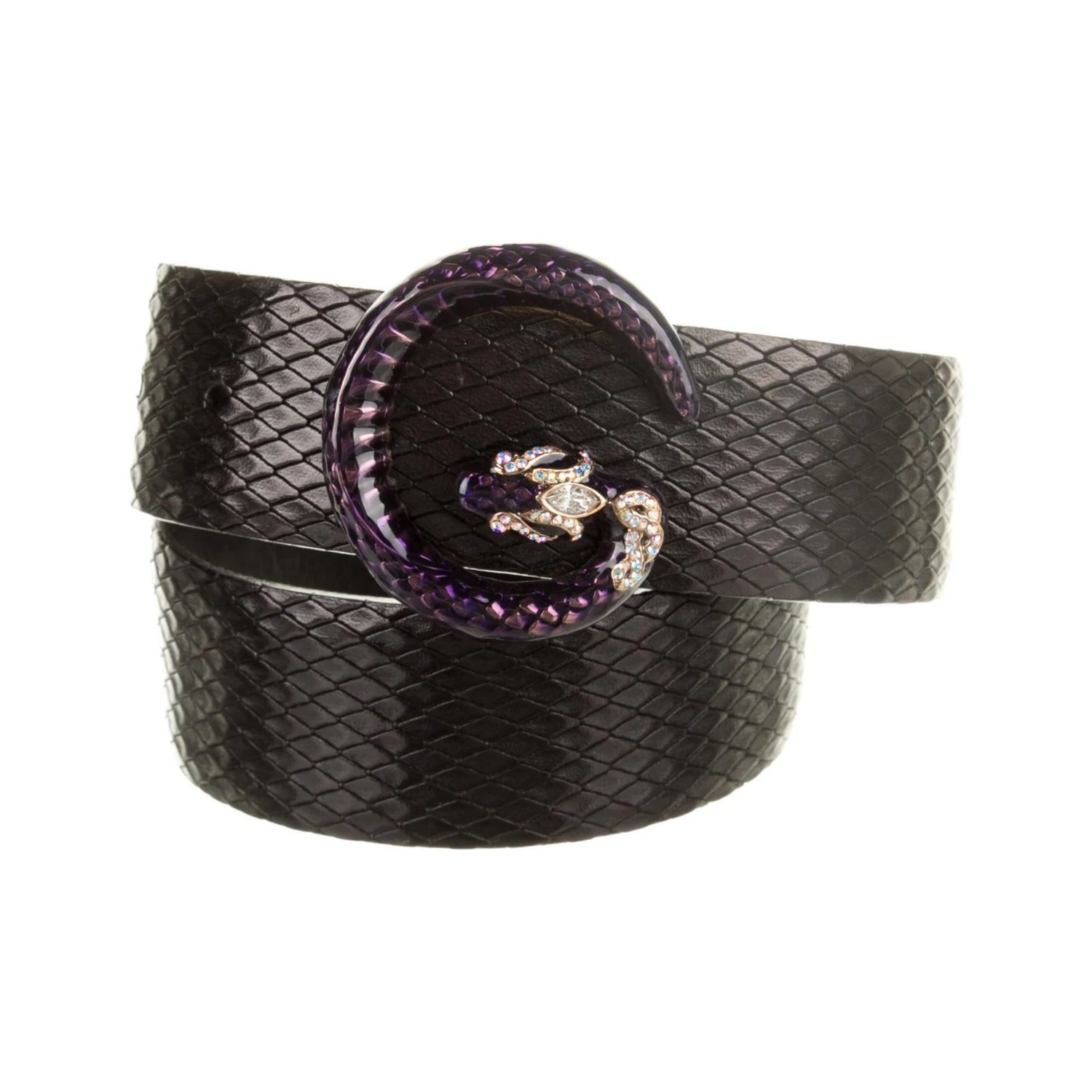GUCCI TOM FORD PYTHON BLACK LEATHER PURPLE G LOGO SNAKE BELT (85/34)