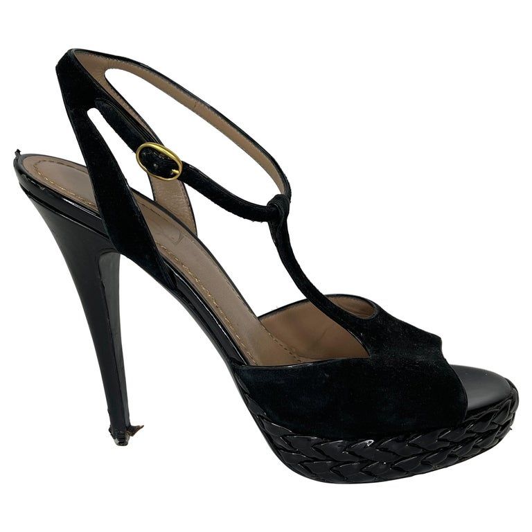 YVES SAINT LAURENT T-STRAP SUEDE OPEN TOE STILETTO BASKETWEAVE PLATFORM (38.5 EU)