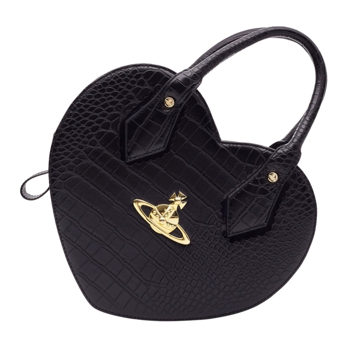 VIVIENNE WESTWOOD BLACK CROC EMBOSSED CHANCERY HEART HANDBAG
