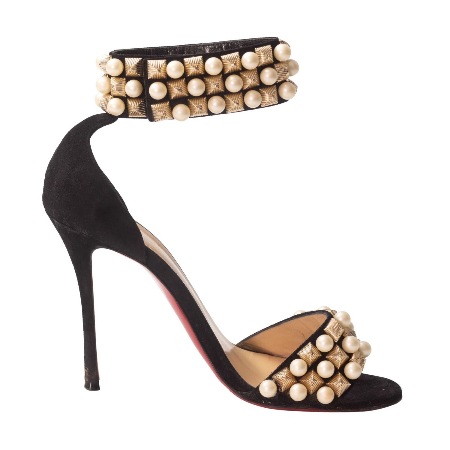 CHRISTIAN LOUBOUTIN STUDS PEARLS BLACK VELVET TUDOR HEELS (EU 39)
